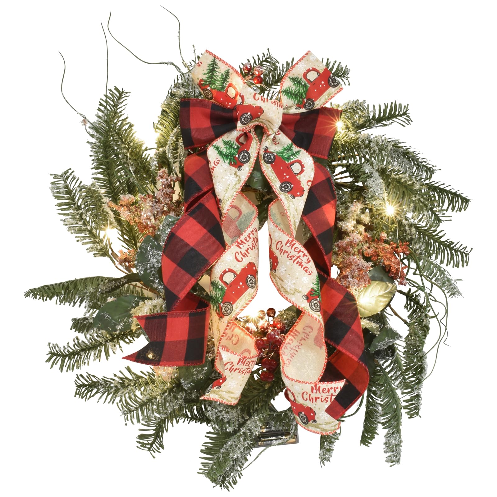 Christmas Wreaths Swag with LED Lights, Pine&Red Berry, Cypress Leaves (22" Christmas Wreath)