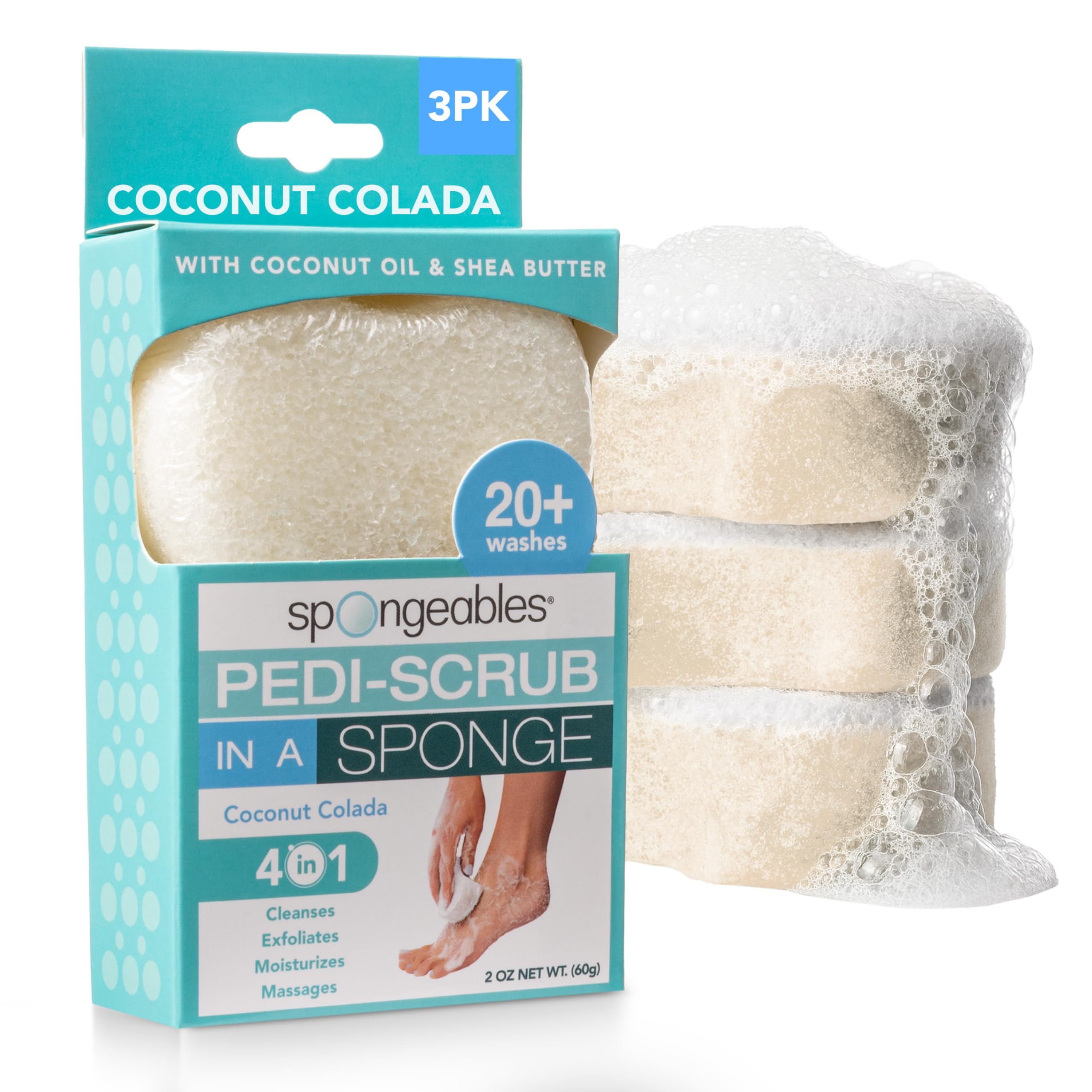 Spongables Pedi Scrub Foot Exfoliating 20+ Wash Sponge, Coconut Colada, 3 Count