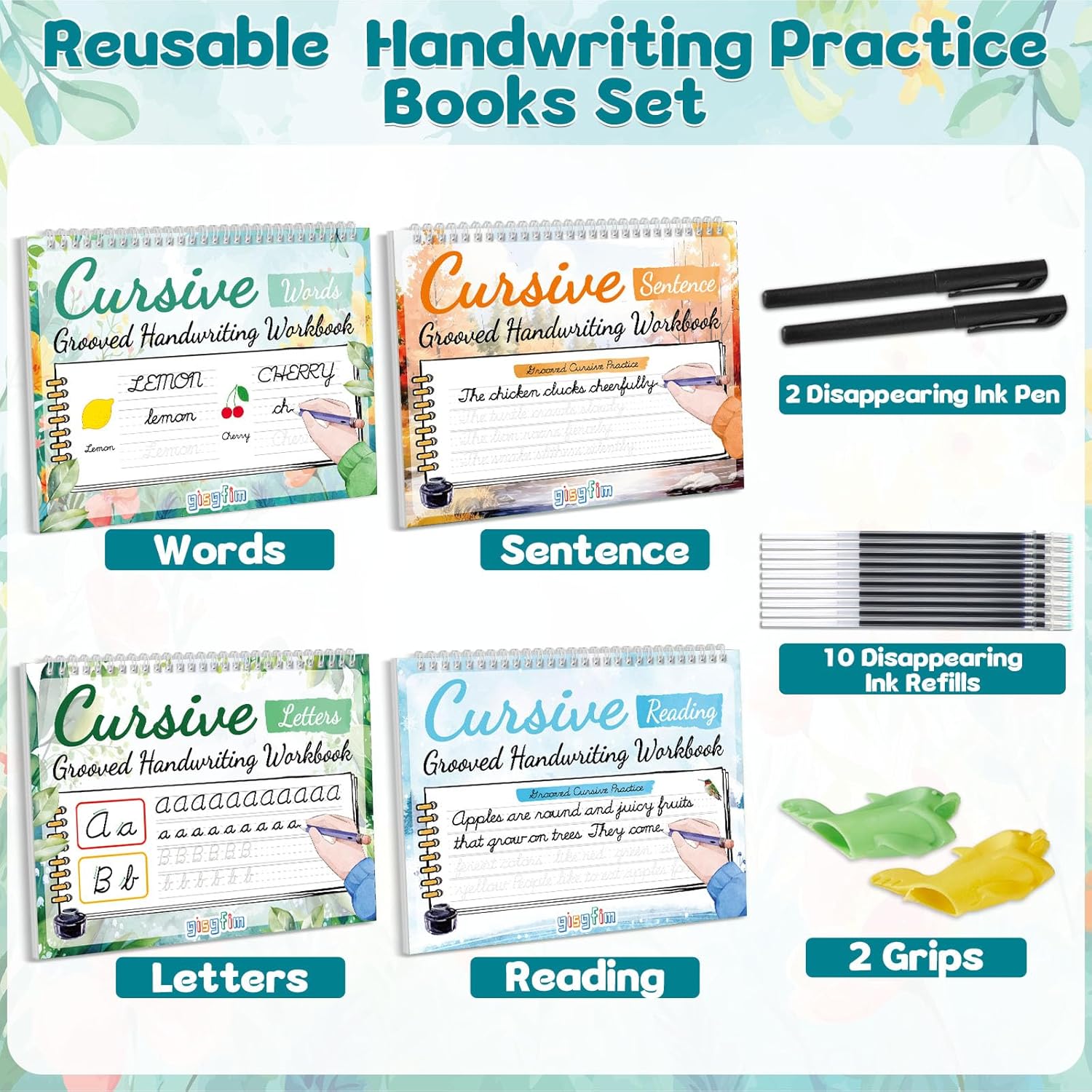 gisgfim 4 Pack Grooved Cursive Handwriting Workbook Kit Magic Reusable Grooved Handwriting Practice with Disappearing Ink Pens Cursive Kickoff Student Workbook for Kids Words Letters Sentences Reading