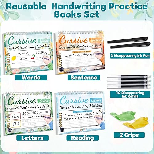 Miniatura 3 de gisgfim Paquete de 4 cuadernos de trabajo de escritura cursiva ranurada, magia reutilizable, con bolígrafos de tinta que desaparecen, libro de