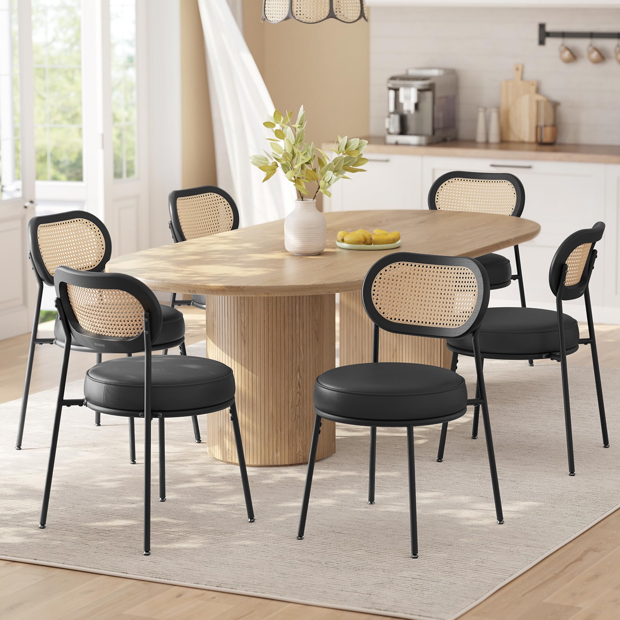 VASAGLE Dining Chairs, Set of 6 Accent Chair for Dining Room Kitchen, with Boho PE Rattan Back, Synthetic Leather Upholstery, Ink Black ULDC160B26 Ink Black 6 Pack