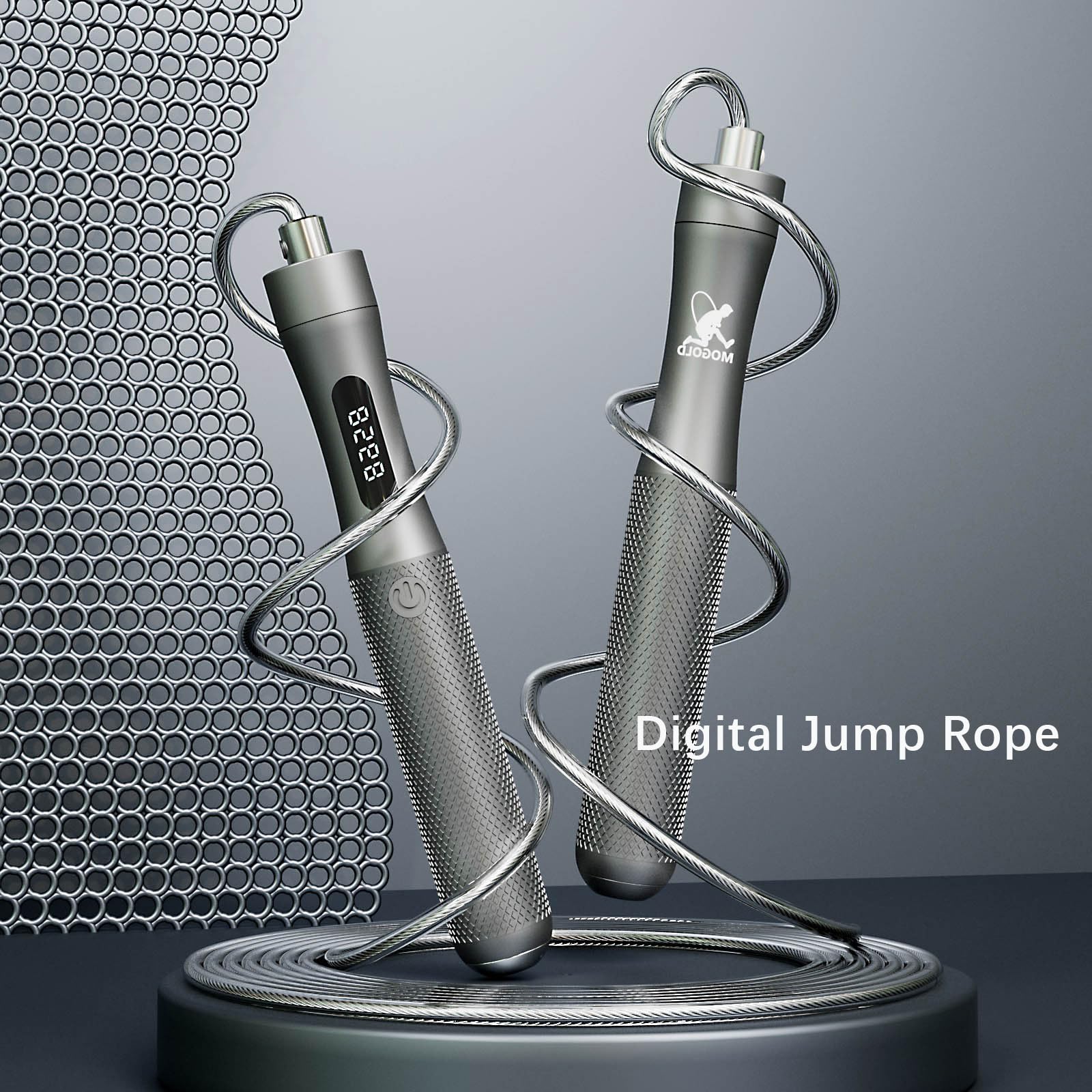 Cuerda de saltar con contador, mango de aleación de aluminio gris con cable de PVC | 118 pulgadas de longitud, carga rápida, diseño ergonómico, para entrenamiento cardiovascular (plata)