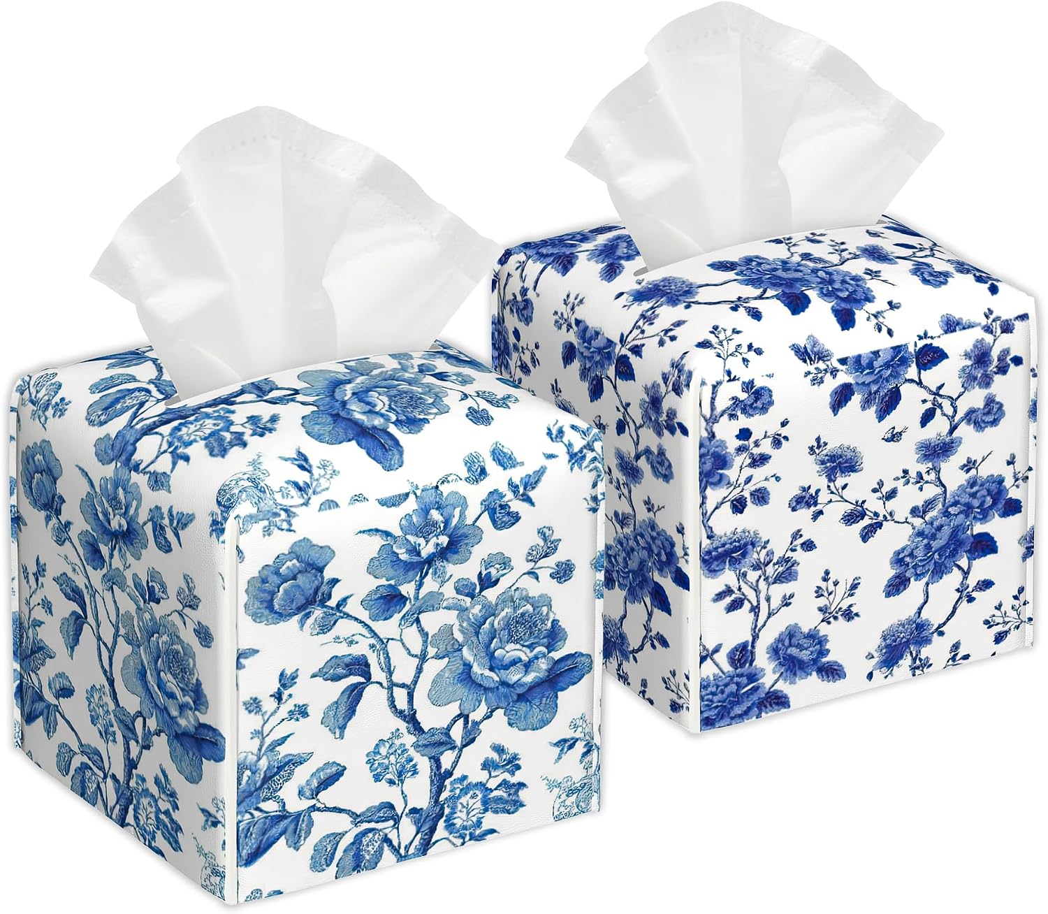 Blue Floral Square Tissue Box Holder Waterproof Leather Facial Paper Organizer Dispenser for Bathroom Home Kitchen Car Nightstand Vanity Desk，2Pack