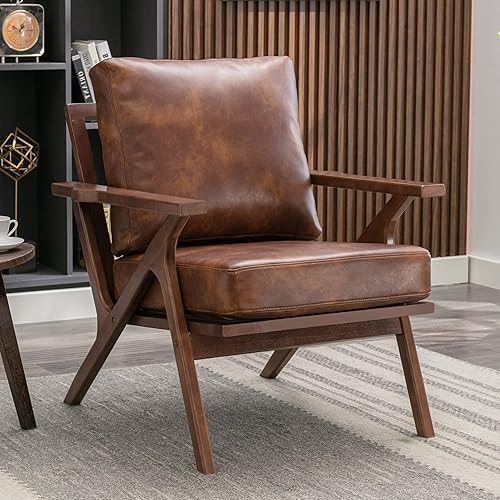 Bonzy Home Mid-Century Modern Accent Chair, Upholstered PU Leather Armchair with Solid Wood Frame & Removable Cushions, Comfy Retro Leisure Chair Reading Chair for Living Room, Bedroom, Brown