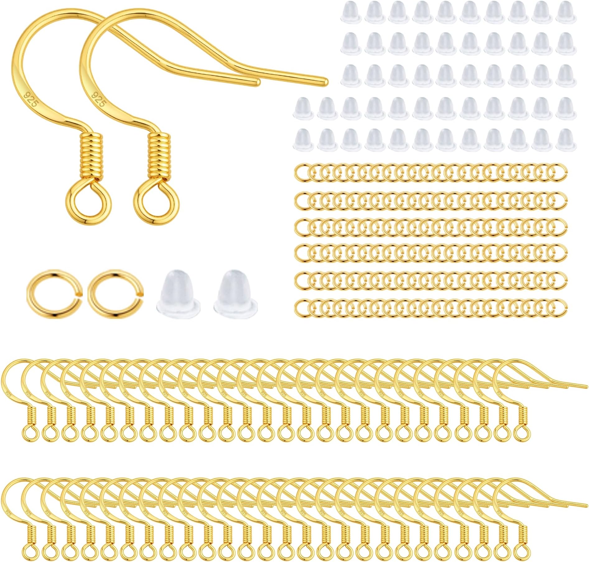 200 PCS/100 Pairs Earring Hooks Hypoallergenic 925 Sterling Silver Plated 18K Gold Tone Ear Wires Fish Hooks with 100 PCS Clear Silicone Earring Backs and 100 PCS Jump Rings for DIY Jewelry Making