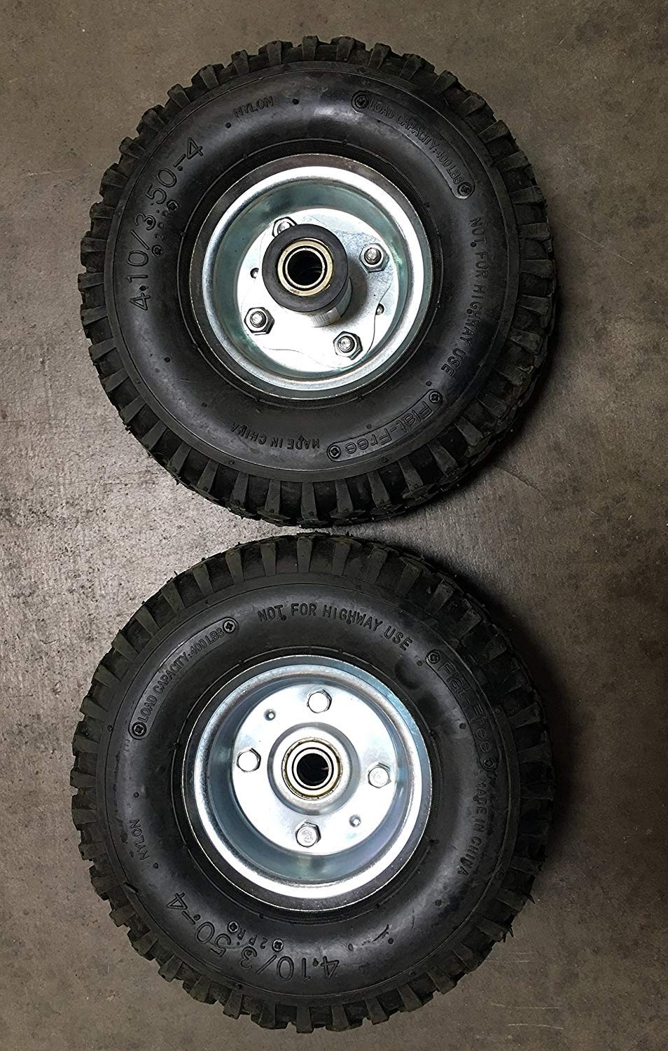 New Pair of Non Flat Tires, Hand Truck/All-Purpose Utility Tire on Wheel, 2 1/8" Offset Hub, 5/8" Bearings, Solid Steel, Silver Wheel