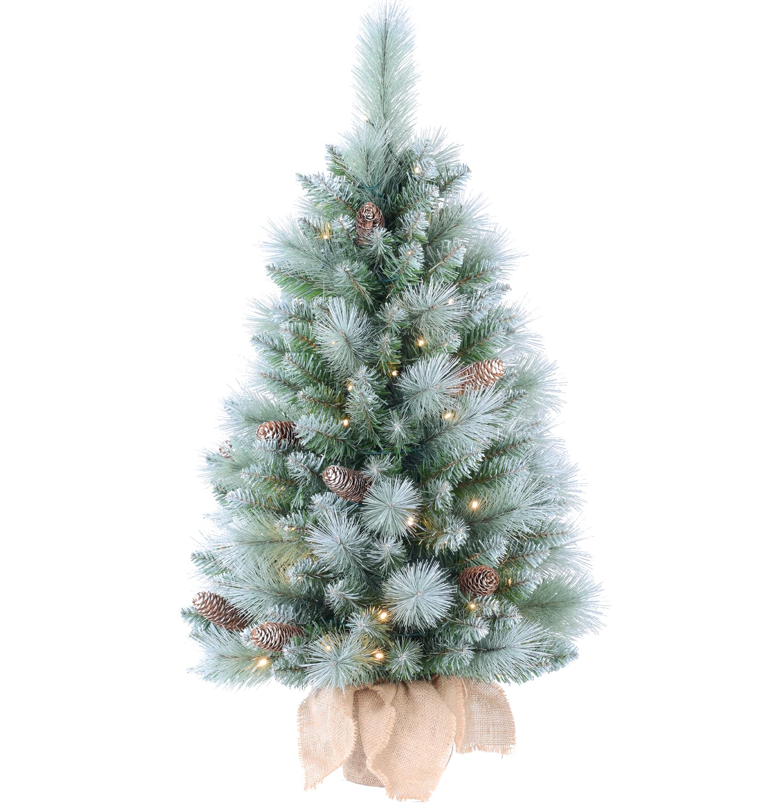 3ft Pre-Lit Mini Snow Christmas Trees with 80 LED Lights, 36" Decorated Burlap Artificial Tabletop Christmas Trees Home Party for Kitchen Home Decor