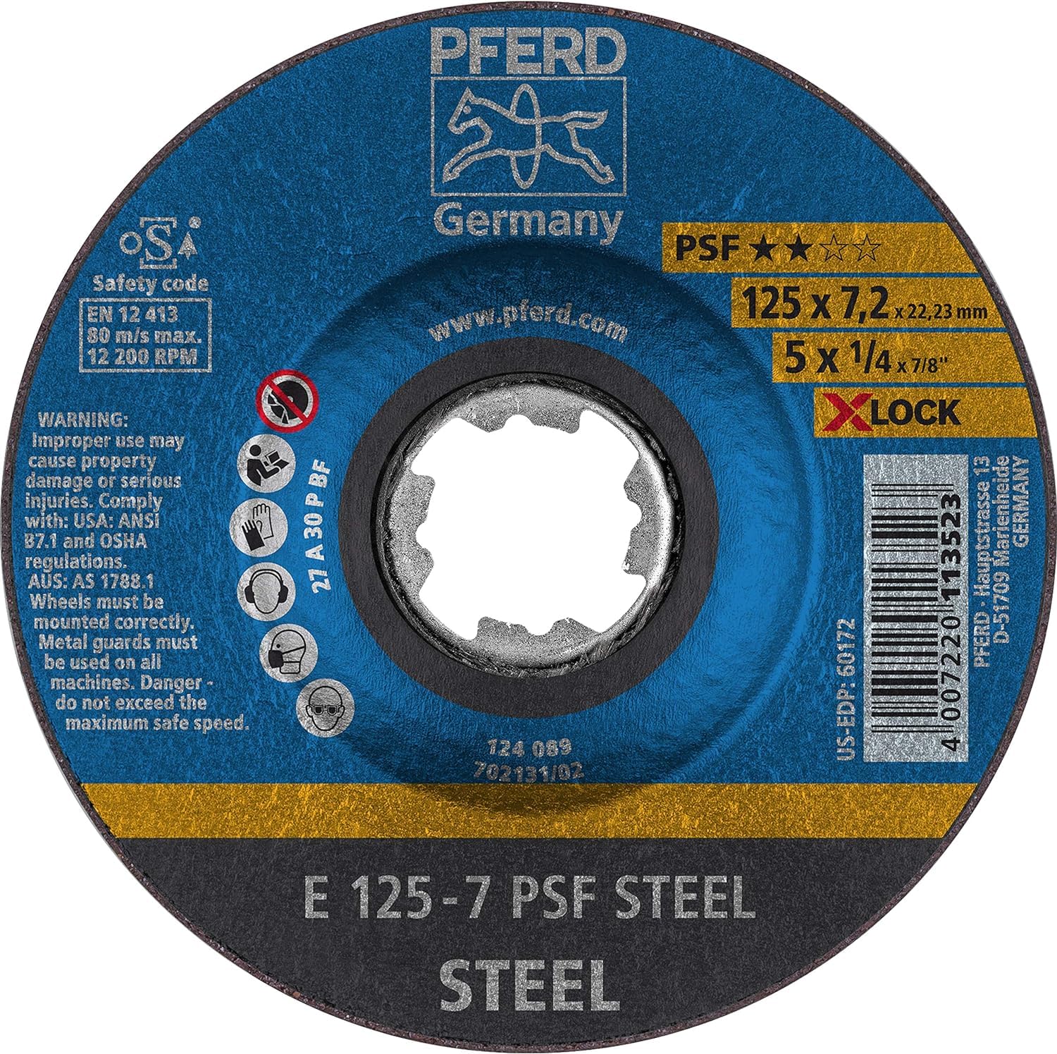 PFERD TOOLS Schruppscheibe, 10 Stück, 125 x 7,2mm, X-LOCK (22,23 mm), PSF STEEL, 62011125 – für schnelle und komfortable Werkzeugwechsel