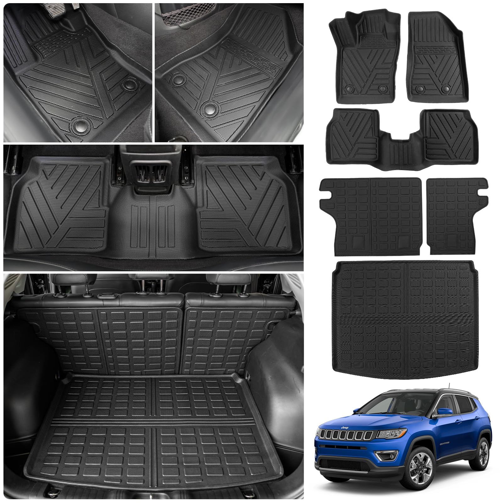 Thinzyou Floor Mats Compatible with 2017-2024 Jeep Compass Trunk Mat Cargo Liner Cargo Mat TPE All Weather Back Seat Cover Protector 2023 Compass Accessories (Trunk Mat+Backrest Mats+Floor Mats)