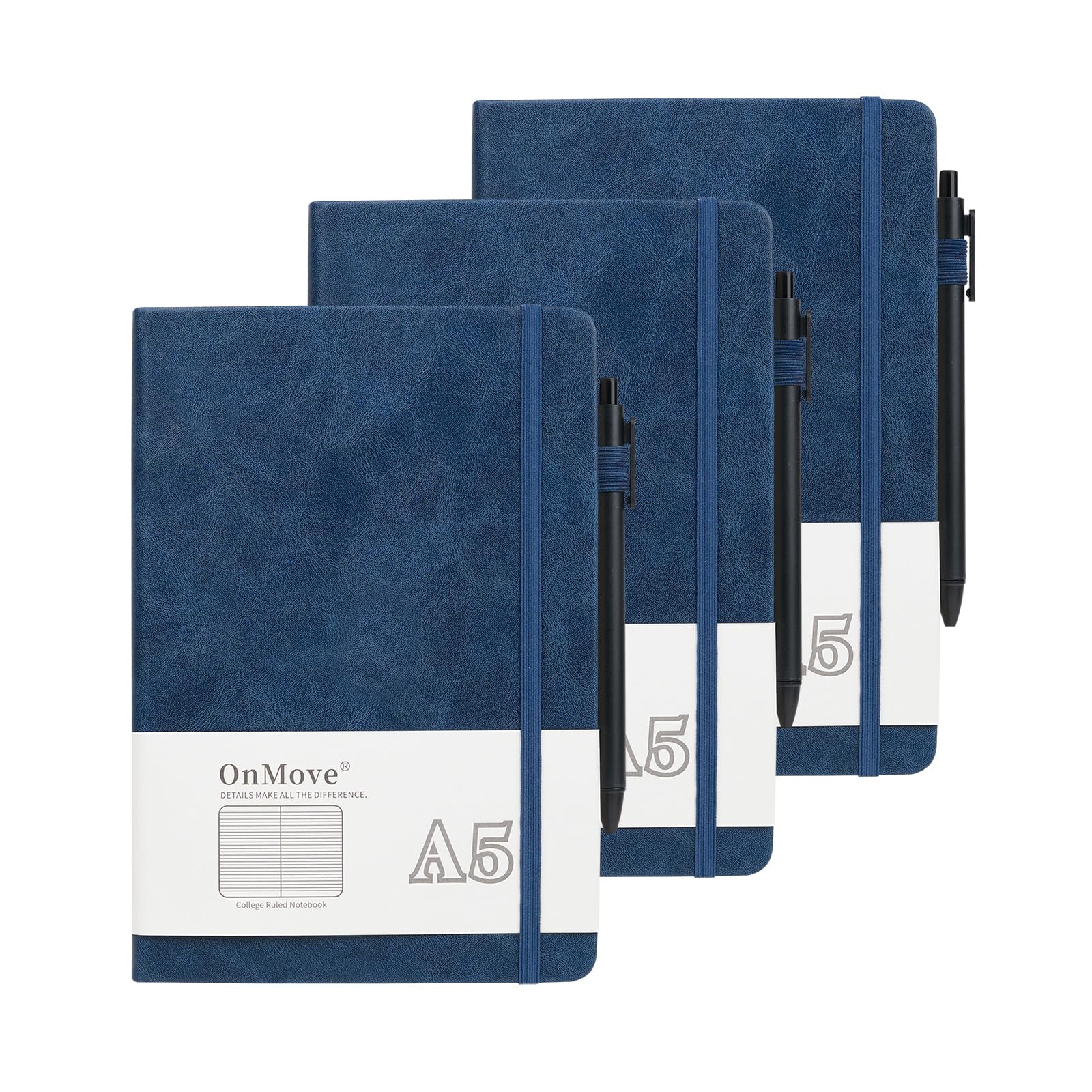 OnMove Notebooks Journal for Women Men 3 Pack Bulk Leather Hardcover with Pen Holder A5 160 Pages 100 GSM Thick Paper for Work School Lined Navy Blue