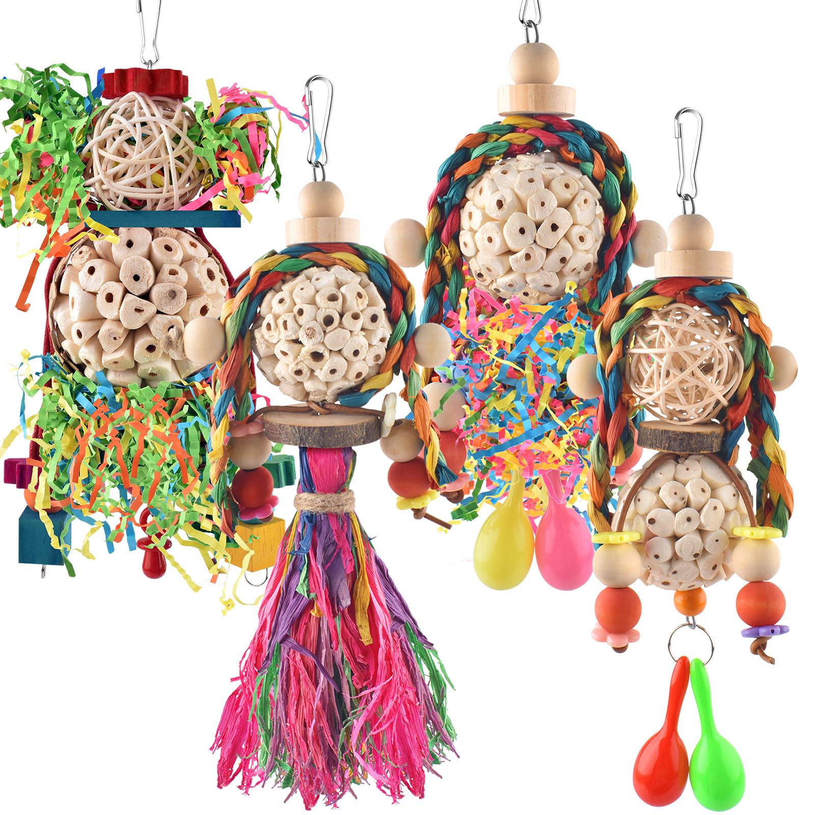 Bissap Conure Toys, 4 PCS Bird Parrot Foraging Shredder Hanging Toys Sola Balls with Sand Hammer for Small Parrots Parakeets Conures Cockatiels Love