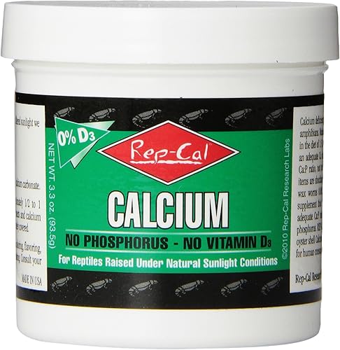 Rep-Cal 52298 Suplemento de reptil/anfibio en polvo de calcio sin fósforo sin vitamina D3, 4.1 oz, blanco