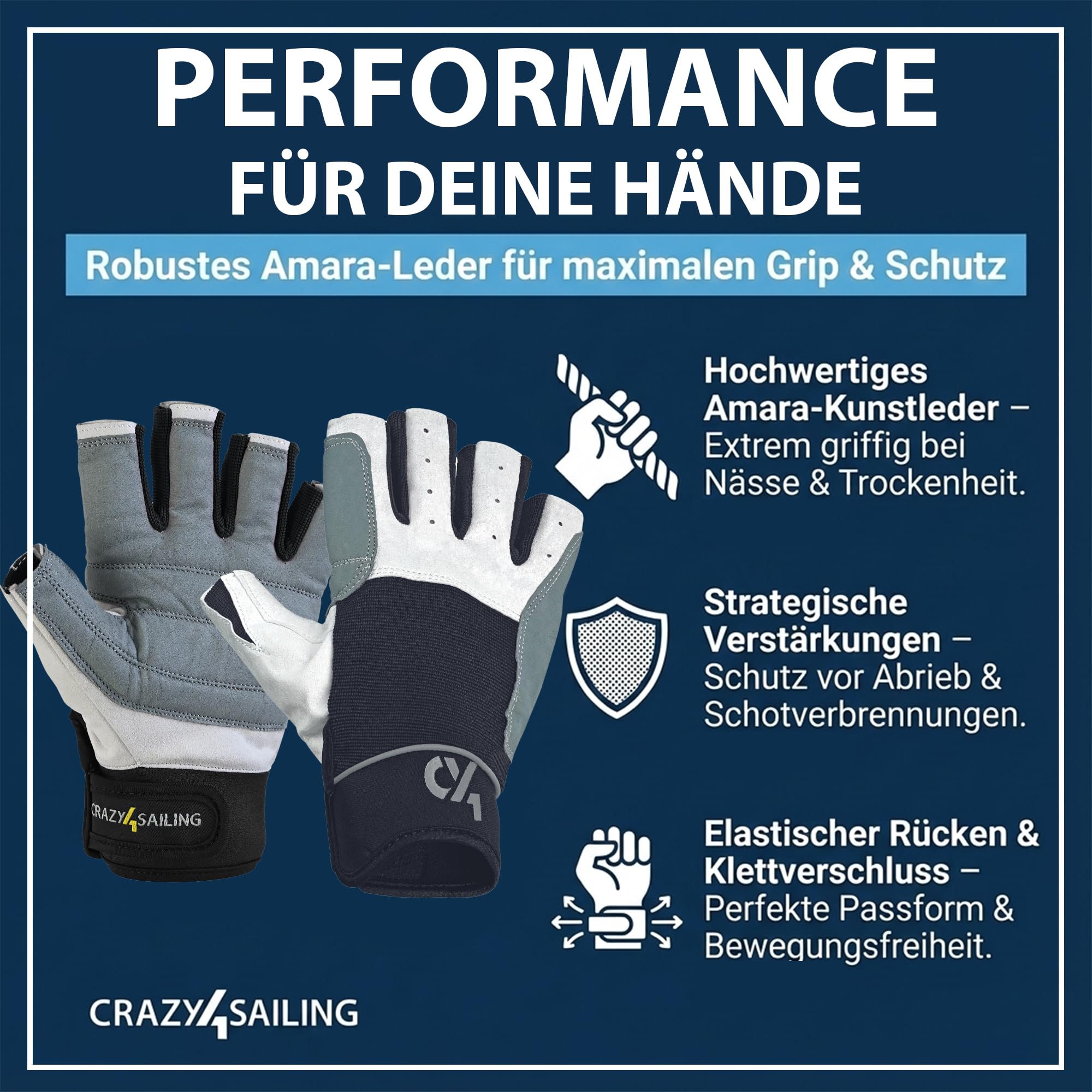 crazy4sailing Segelhandschuhe Herren & Damen Regatta – Profi Kurzfinger für Segeln, Kajak & Fahrrad – Maximaler Grip durch High-Tech Verstärkung – Ergonomisch & Abriebfest