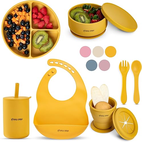 Bouncy Baby Juego de alimentación de bebé de silicona, 8 piezas de suministros de destete LED para bebés con platos y utensilios para bebé, cuchara