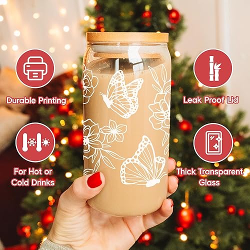 Miniatura 3 de Fairy's Gift Regalos de mariposa para mujeres, mamá, taza de café helado, vasos de vidrio con mariposas florales estéticas con tapas y pajitas,