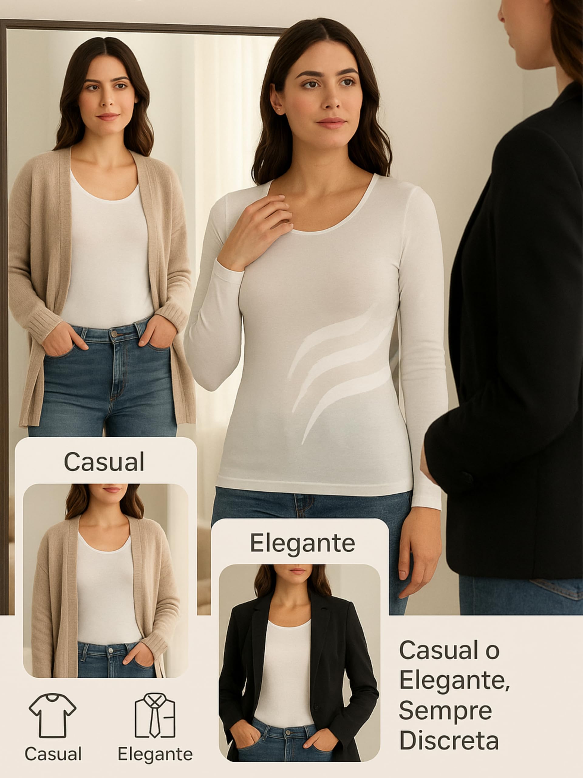 Liabel Warmes Baumwollshirt für Damen (2er Pack) – Winter-T-Shirts für Damen Langarm oder Kurzarm Unterjacke Weiß oder Schwarz S-XL