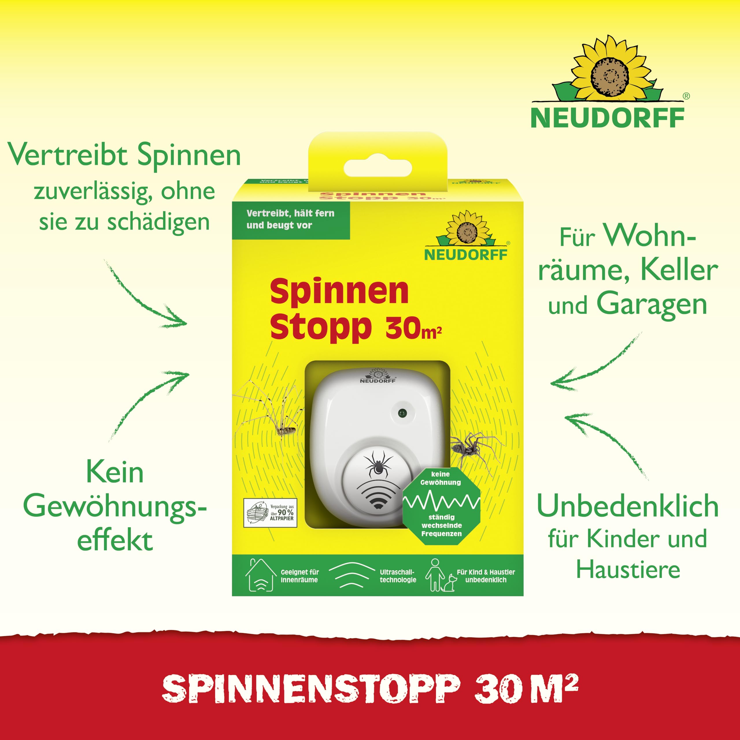Neudorff SpinnenStopp 30m² – Vertreibt Spinnen sofort und dauerhaft aus Wohnräumen, Dachböden, Kellern und Garagen. Anti Gewöhnungseffekt, 1 Stück