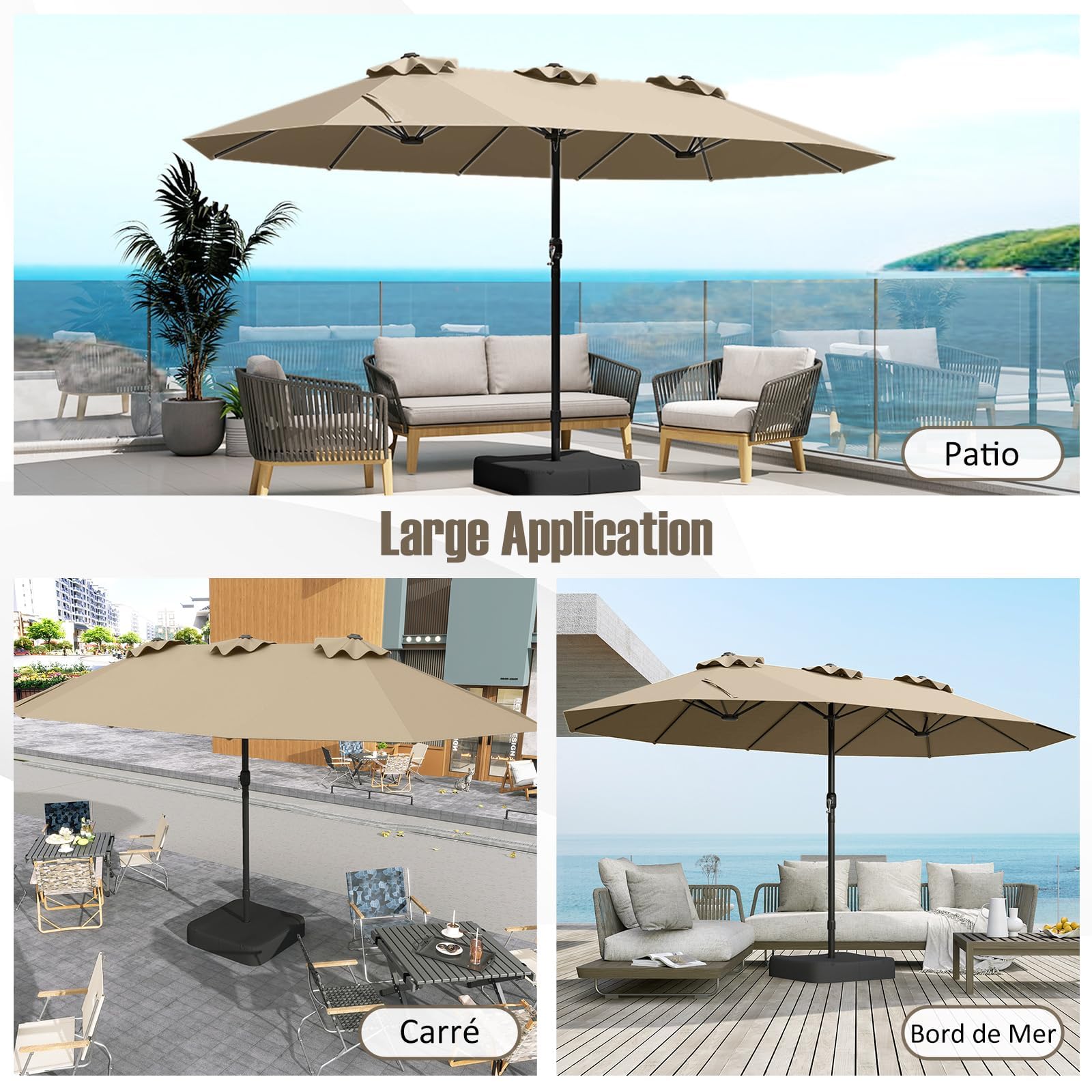 GOPLUS Parasol de Jardin Exterieur avec Pied, 4,5M Grand Parasol Rectangulaire Double Face, avec Manivelle, 12 Baleines, Base avec Sacs de Sable, pour Piscine Jardin Terrasse (Marron)