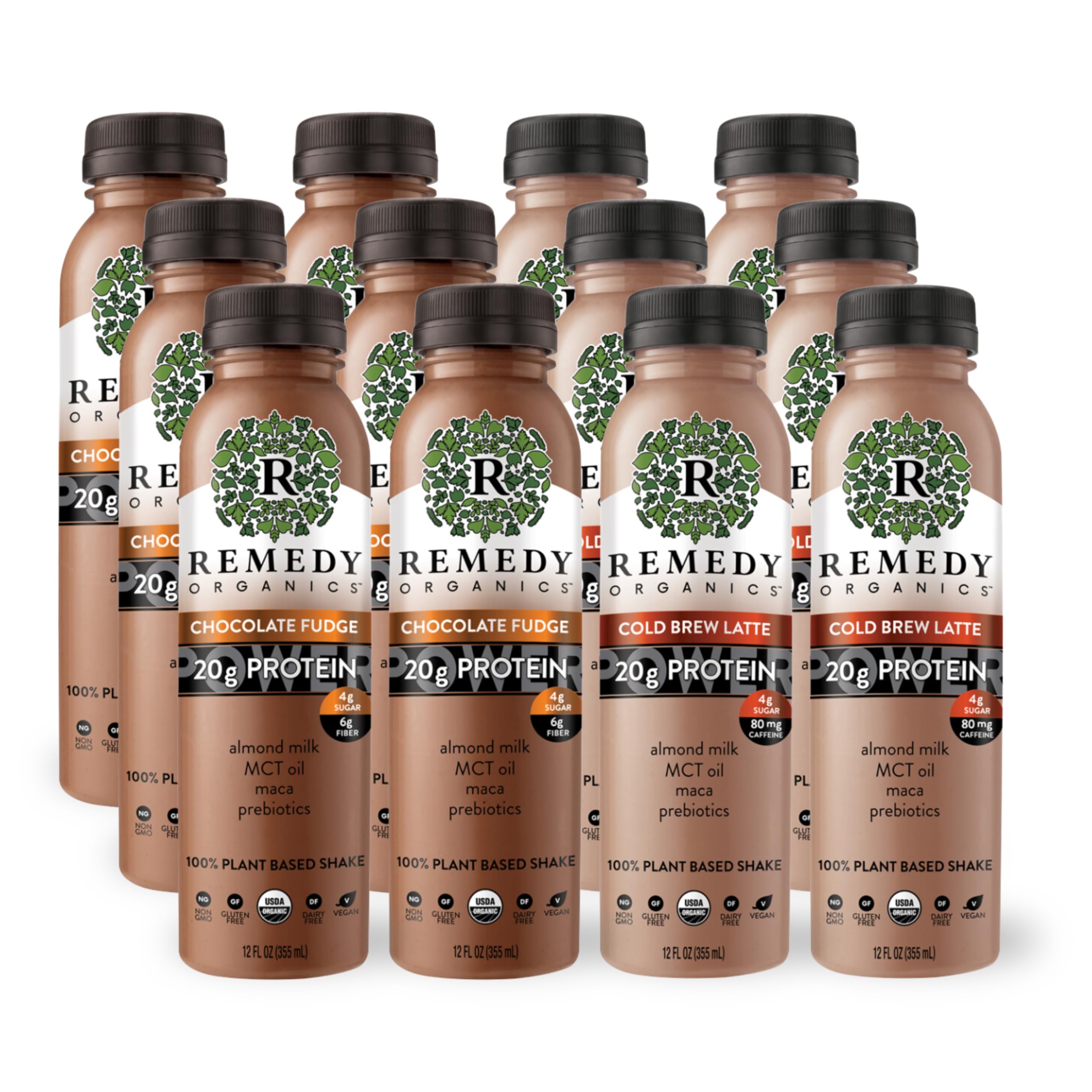 Remedy Organics Duo Decadence Power 12-Pack | Plant Based MCT Oil Protein Shakes, Ready to Drink | USDA Organic, Vegan, Gluten Free, Dairy Free, Soy Free | 6 Chocolate Fudge Bottles & 6 Cold Brew Latte Bottles