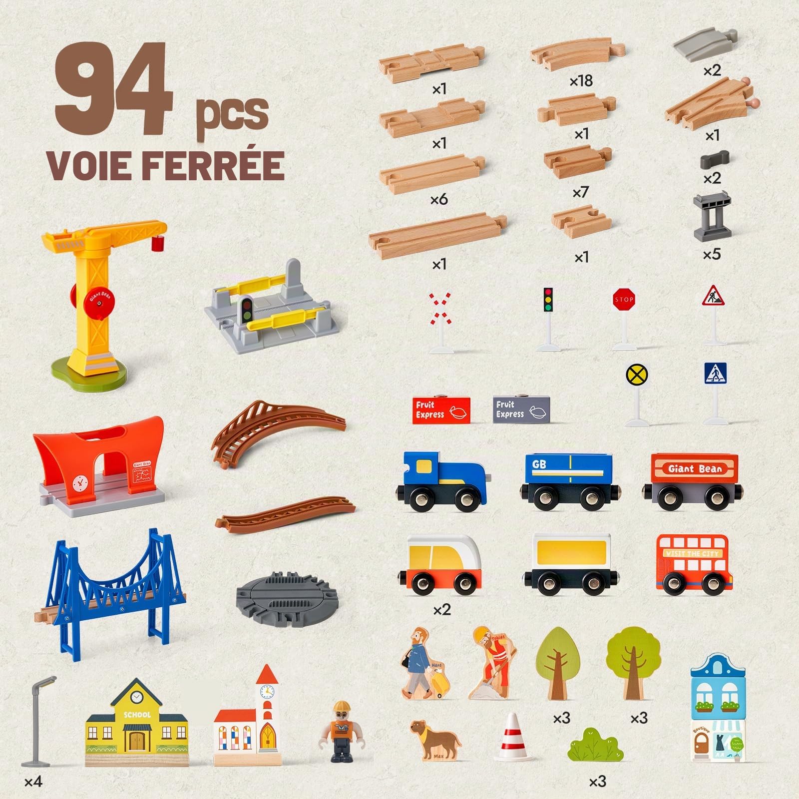 Kit de Rails en Bois « Train Urbain Moderne » – Système de Train à Jouets pour Voitures, ponts, grues, quais et Plus Encore – Ensemble de 94 pièces de Train en Bois à partir de 3 Ans (Rails de métro)