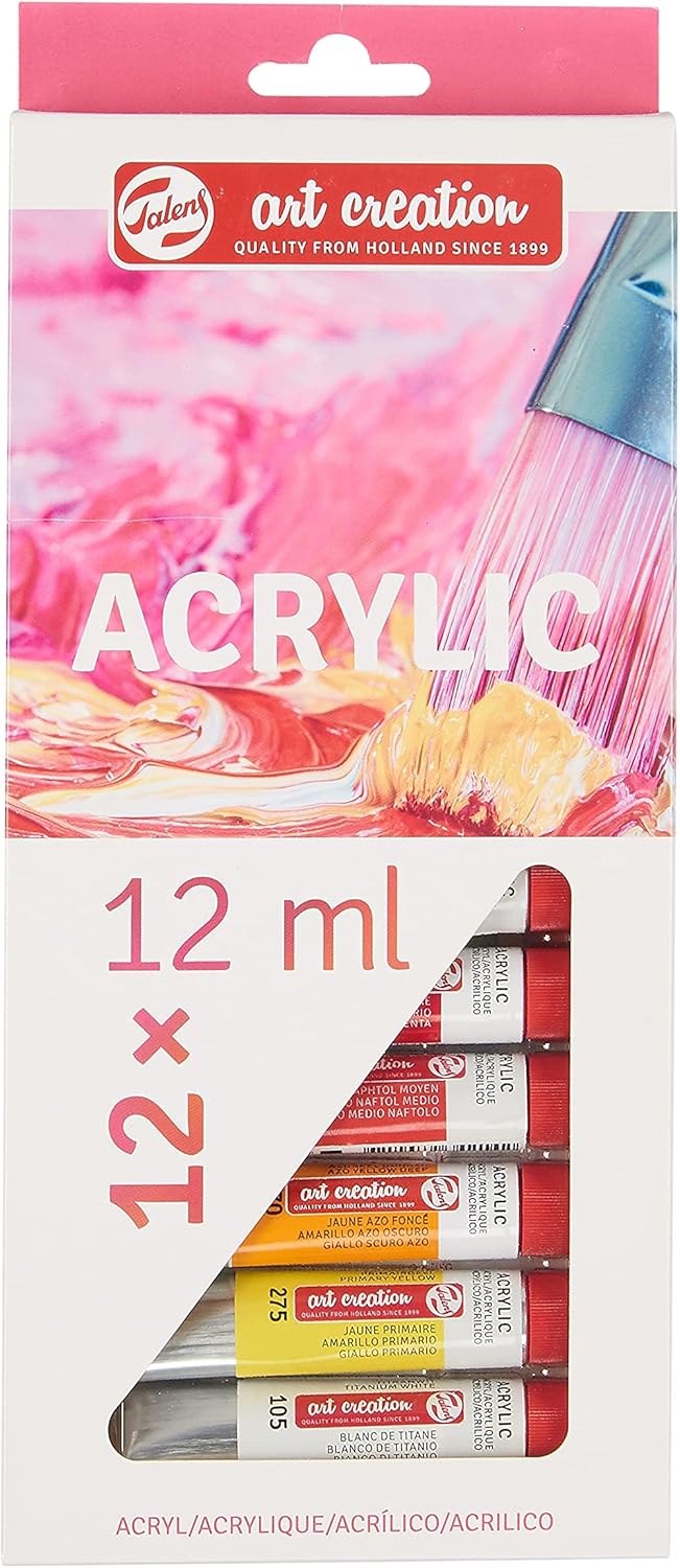 Talens Art Creation Acrylic Set 12 Tubes 12 ml, A4 Paper Pad, Brushes, Step-by-Step Manual
