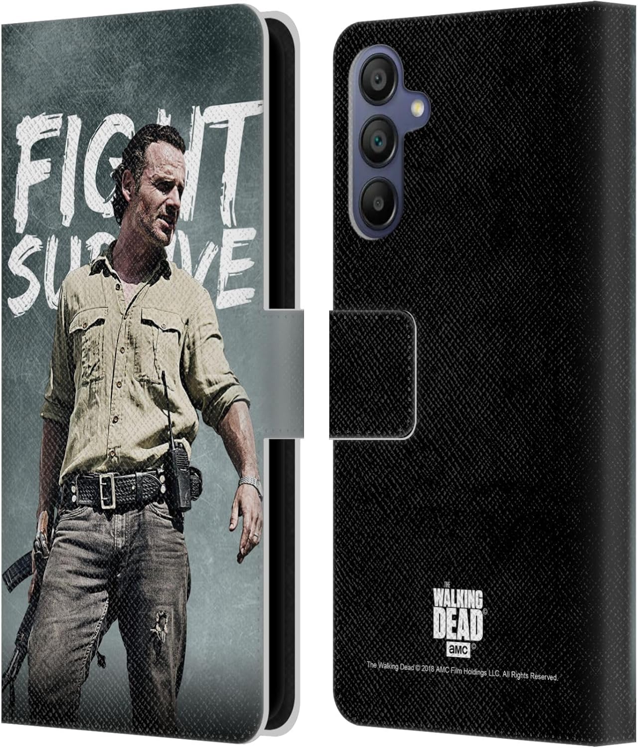 Head Case Designs Officially Licensed AMC The Walking Dead Fight Survive Rick Grimes Legacy Leather Wallet Case Compatible with Samsung Galaxy A15