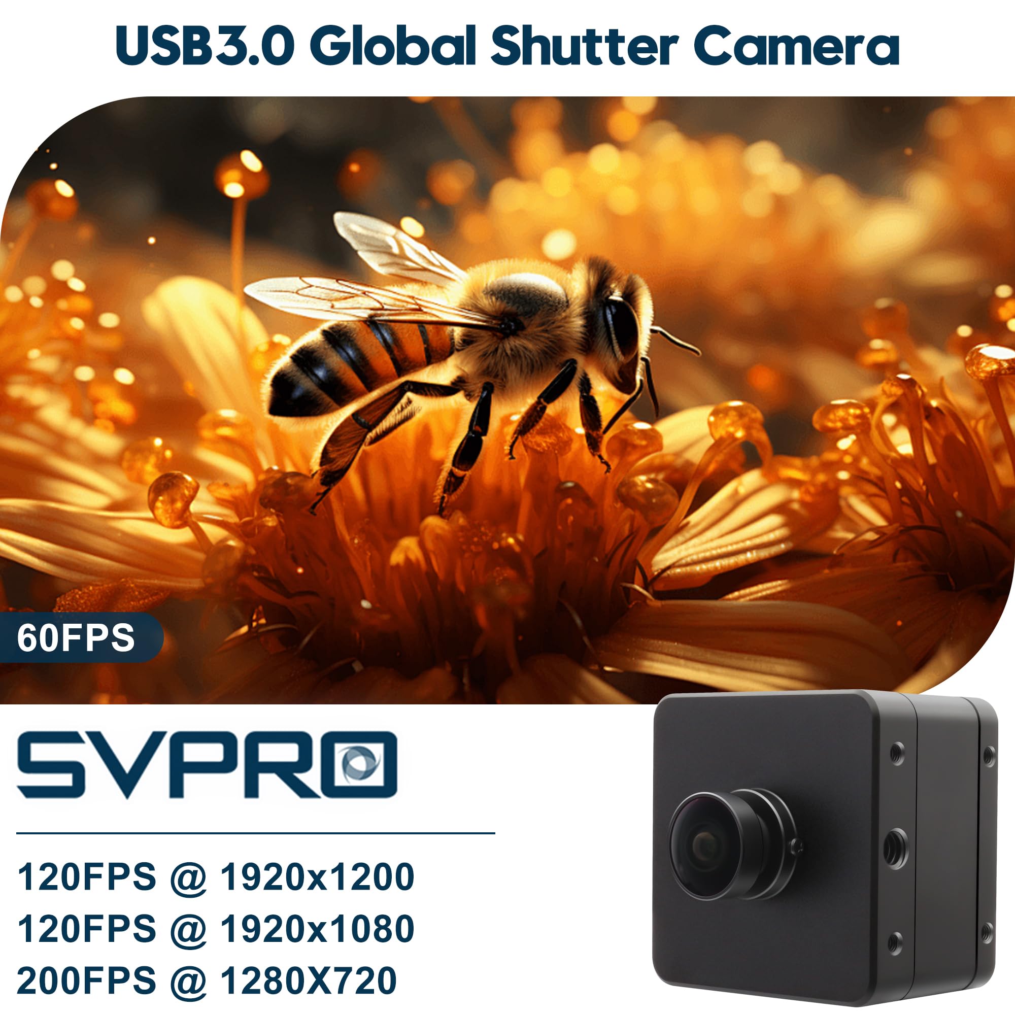 Svpro Caméra d'obturation Globale USB 3.0, 1200p 120fps, 720p 200fps Webcam Haute Vitesse avec boîtier en métal pour numérisation 3D, VR/AR, Grand Angle Fisheye 153°, caméra UVC pour Ordinateur et