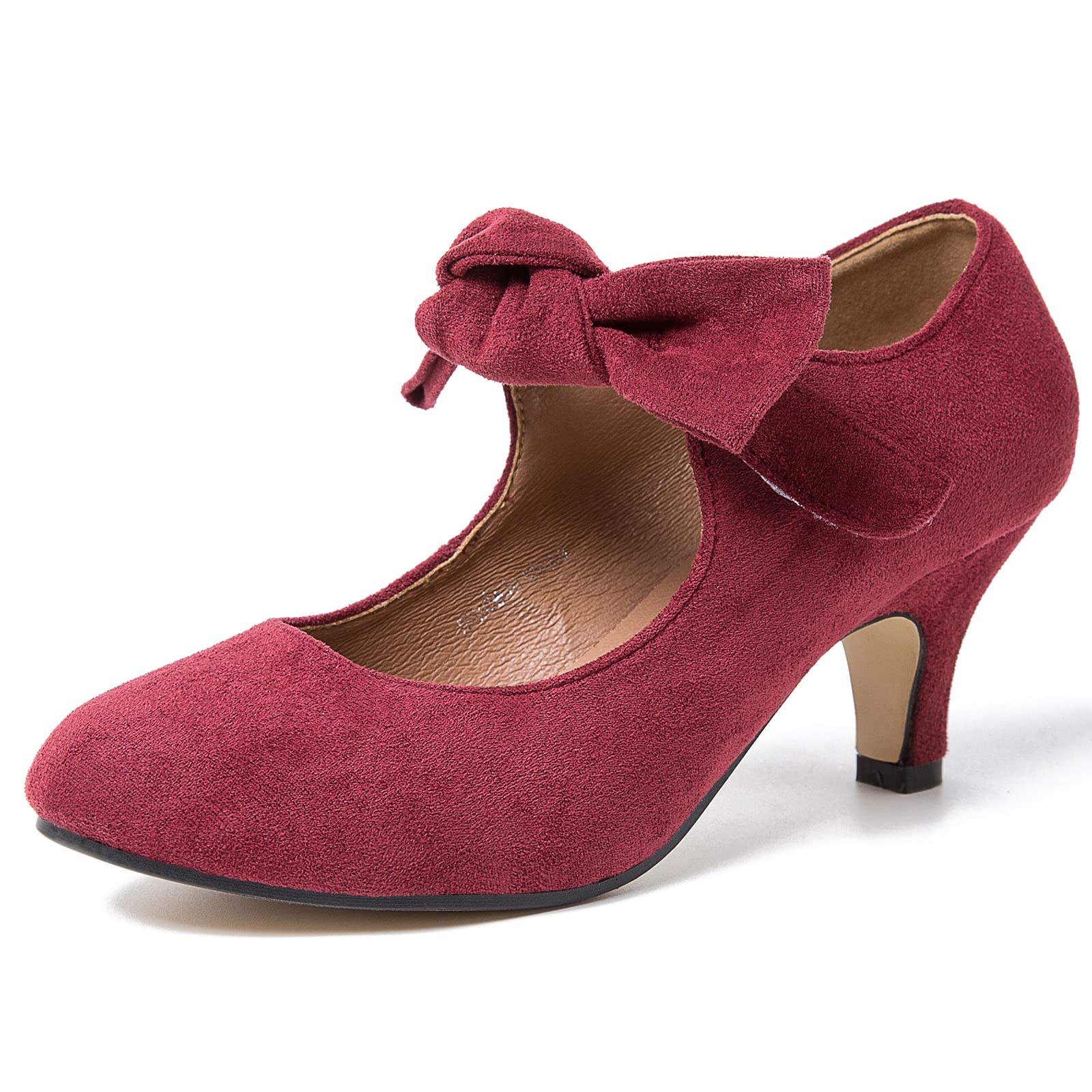 LIURUIJIA Women's Bow Heels Mary Jane Kitten Heel Pumps Round Toe Low Heels Ankle Strap Wedding Evening Party Dress Shoes
