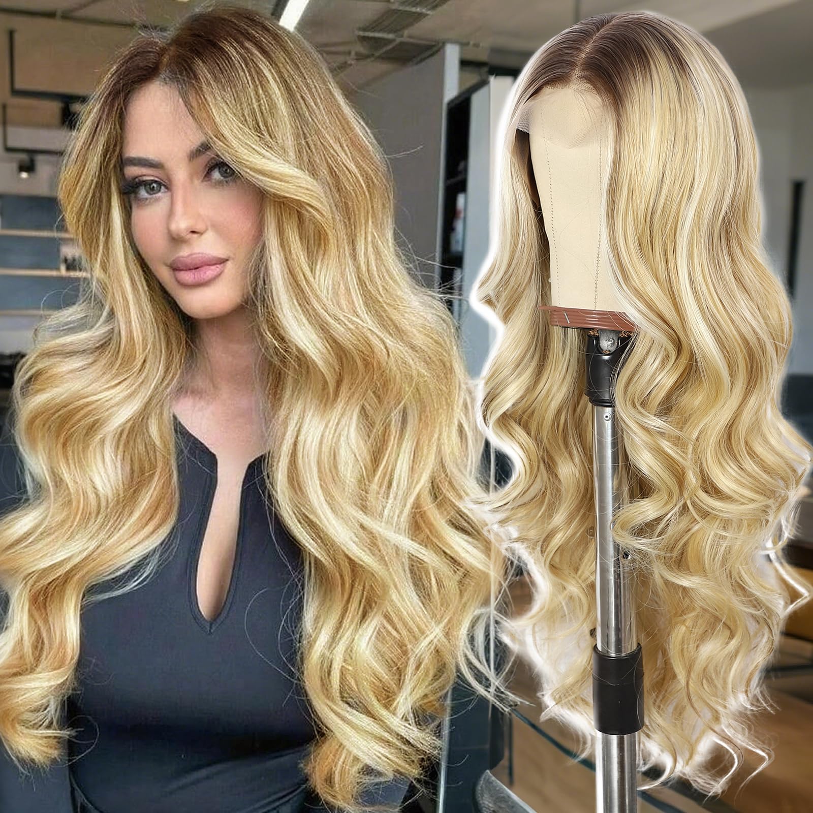 SAPPHIREWIGS Long Blonde Wavy Wig for Women Curly Wavy 13×4 Lace Front Wig Highlight Blonde Wig Natural Looking Synthetic Heat Resistant Fiber Wig for