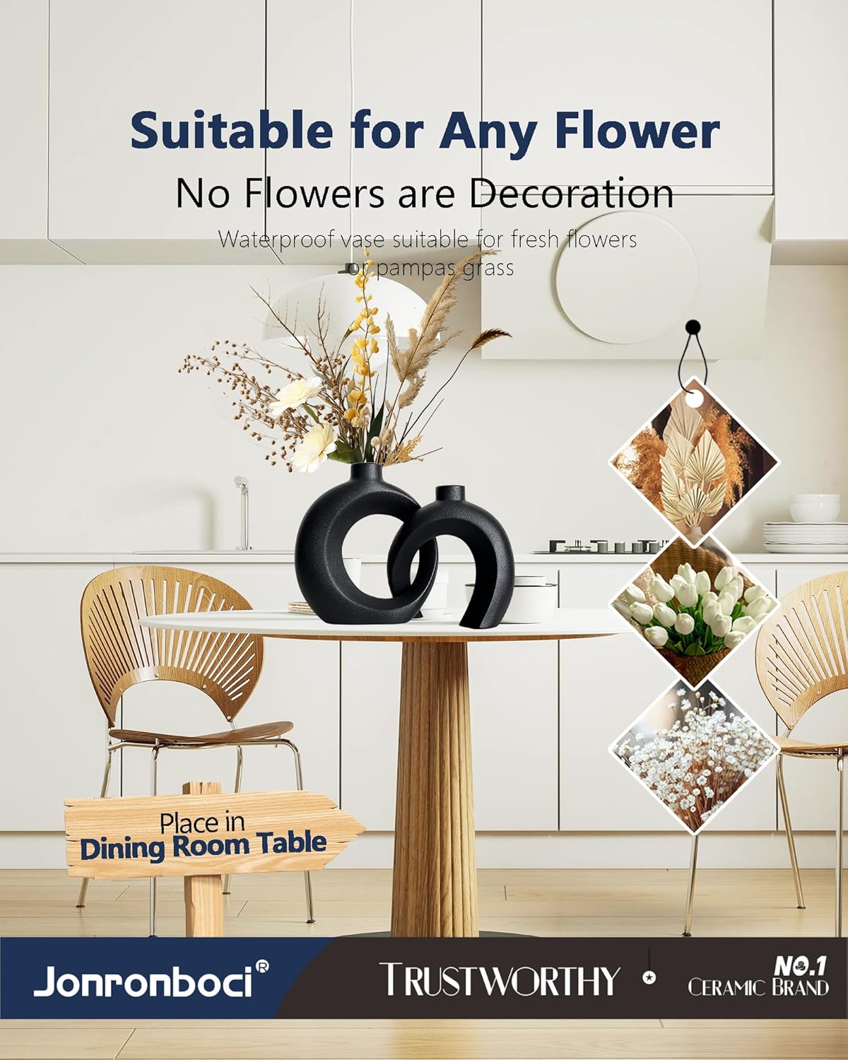 Black Ceramic Donut Shaped Decorative Vase Set of 2