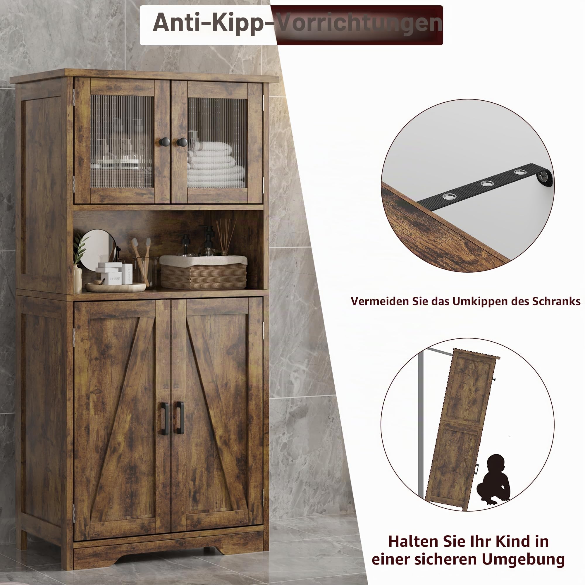 50" Hoher Badezimmerschrank, Freistehender Aufbewahrungsschrank, Mit 4 Türen Und Verstellbaren Regalen, Moderner Schrank, Für Küche, Speisekammer Oder Wohnzimmer, Vintage