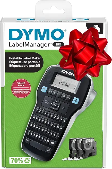 DYMO LabelManager 160 Portable Label Maker Bundle, Easy-to-Use, One-Touch Smart Keys, QWERTY Keyboard, Large Display, For Home &amp; Office Organization, Includes 3 D1 label cassettes ENERGY STAR