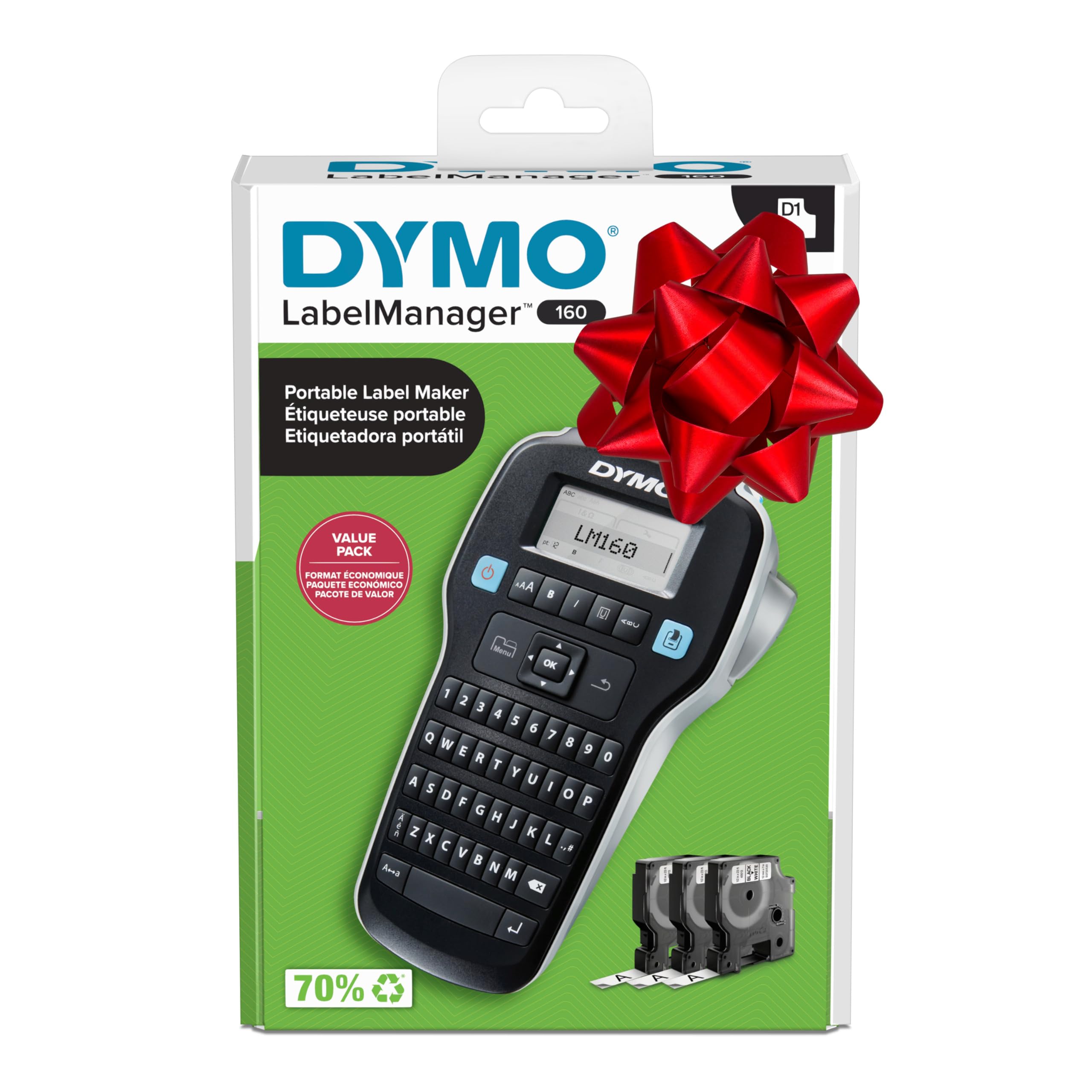 DYMO LabelManager 160 Portable Label Maker Bundle, Easy-to-Use, One-Touch Smart Keys, QWERTY Keyboard, Large Display, For Home & Office Organization, Includes 3 D1 label cassettes