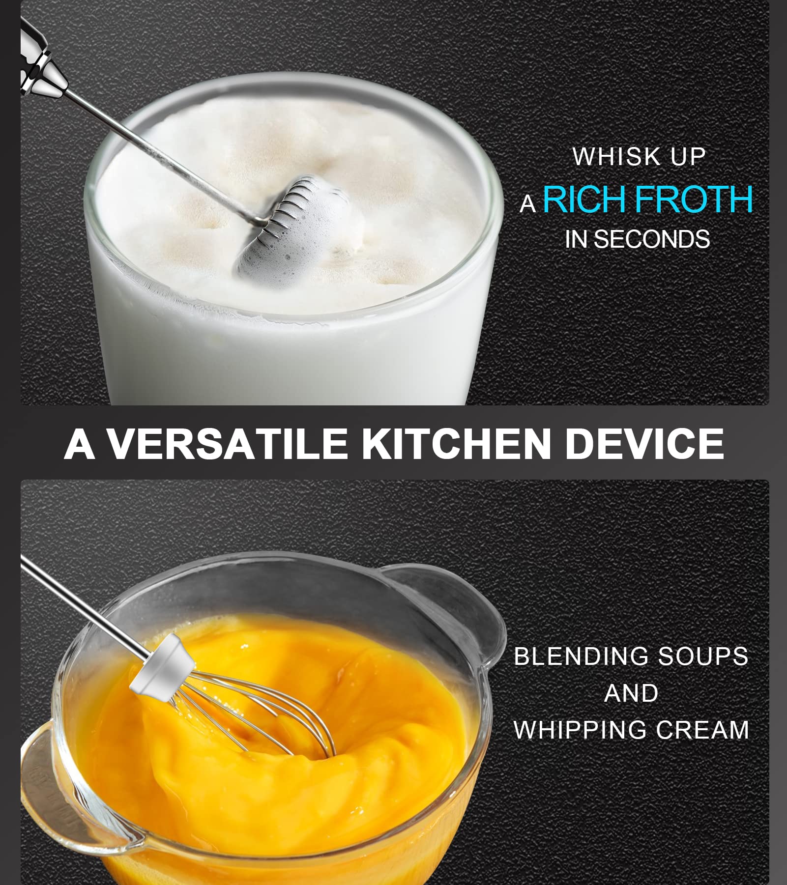 Nahida Rechargeable Milk Frother – 3 Speeds & 3 Whisks For Coffee, Latte, Hot Chocolate, Eggs (USB) - View #3