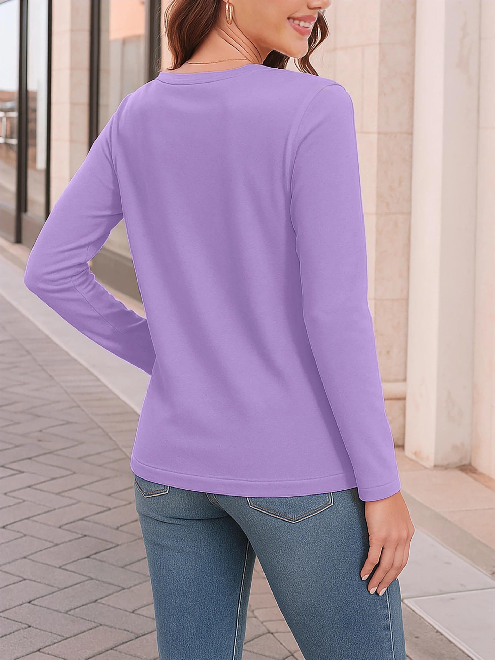 SMENG Camisetas de manga larga para mujer, de algodón puro, cuello en V, básicas, casuales, suaves