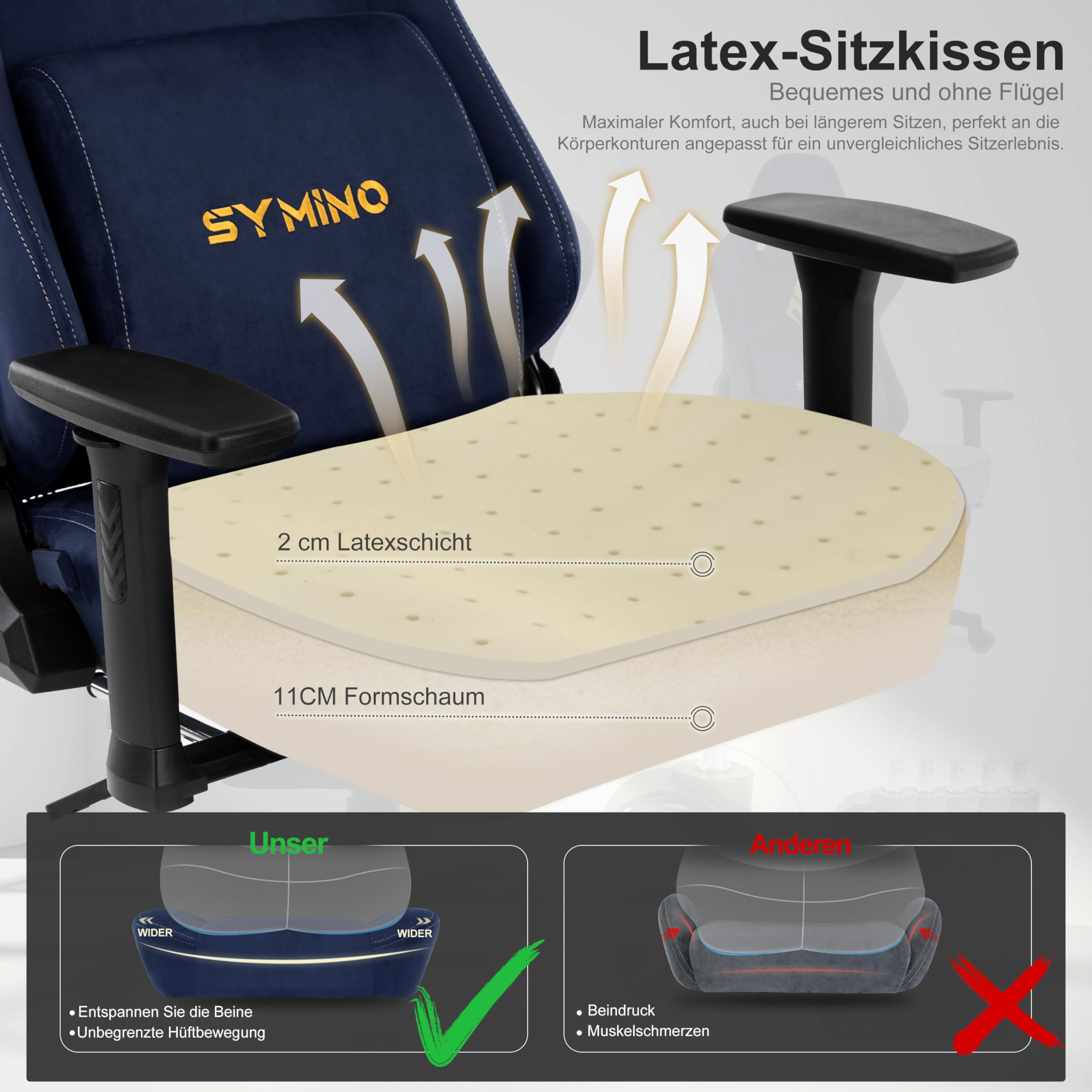 Symino Chaise Gamer XL, Siège Large Mousse+Latex, Support Lombaire & Tête, Inclinaison 175°, 300kg, Roues Silencieuses Incluses (Faux Daim, Bleu Foncé)