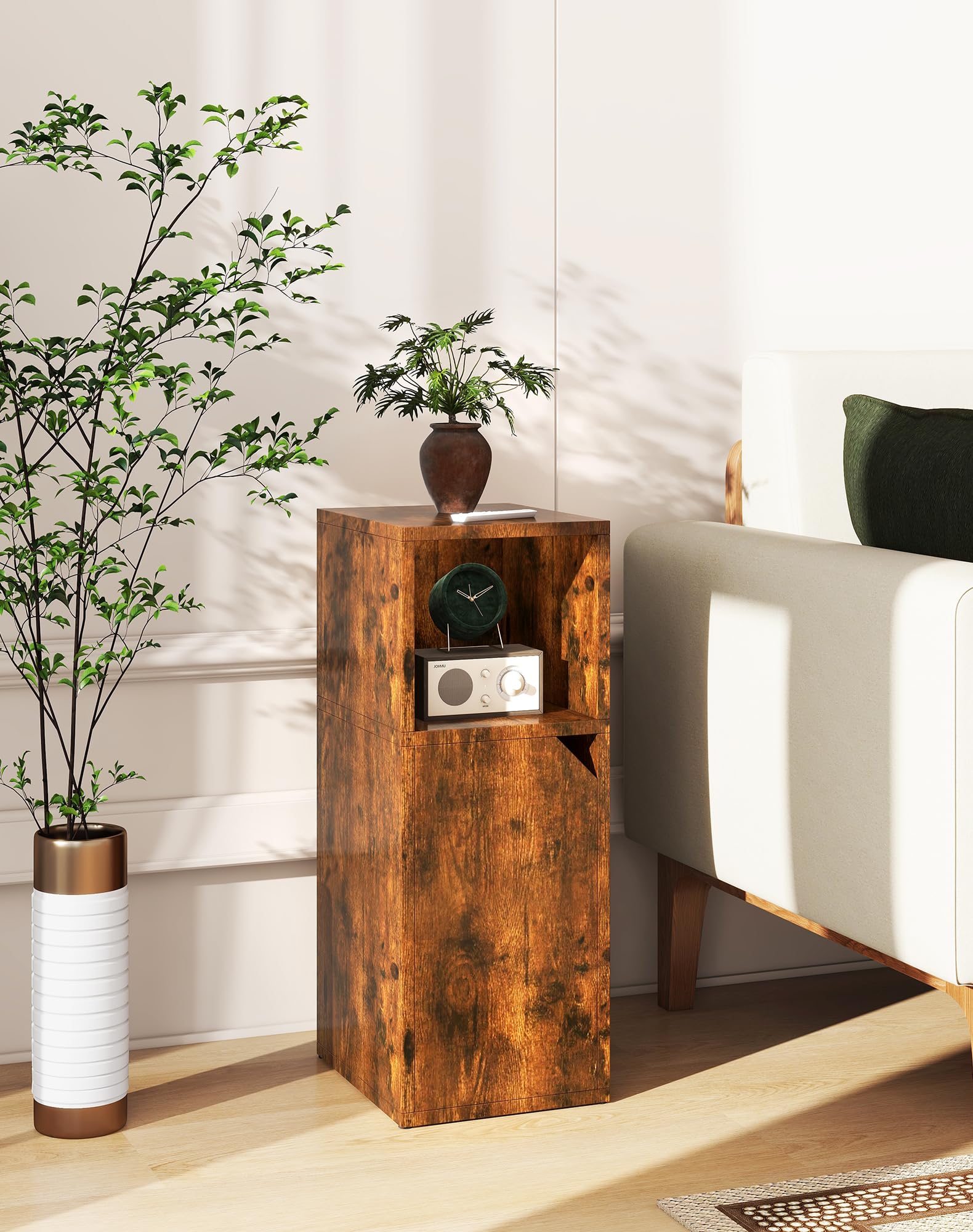 YMYNY Mesita de Noche Estrecha, Juego de 2, Mesa Auxiliar, Mesilla de Noche, Compartimento Abierto, Estante Ajustable, 24 x 29 x 62 cm, de Madera, para Dormitorio, Salón, Marrón Rústica HST016H-2