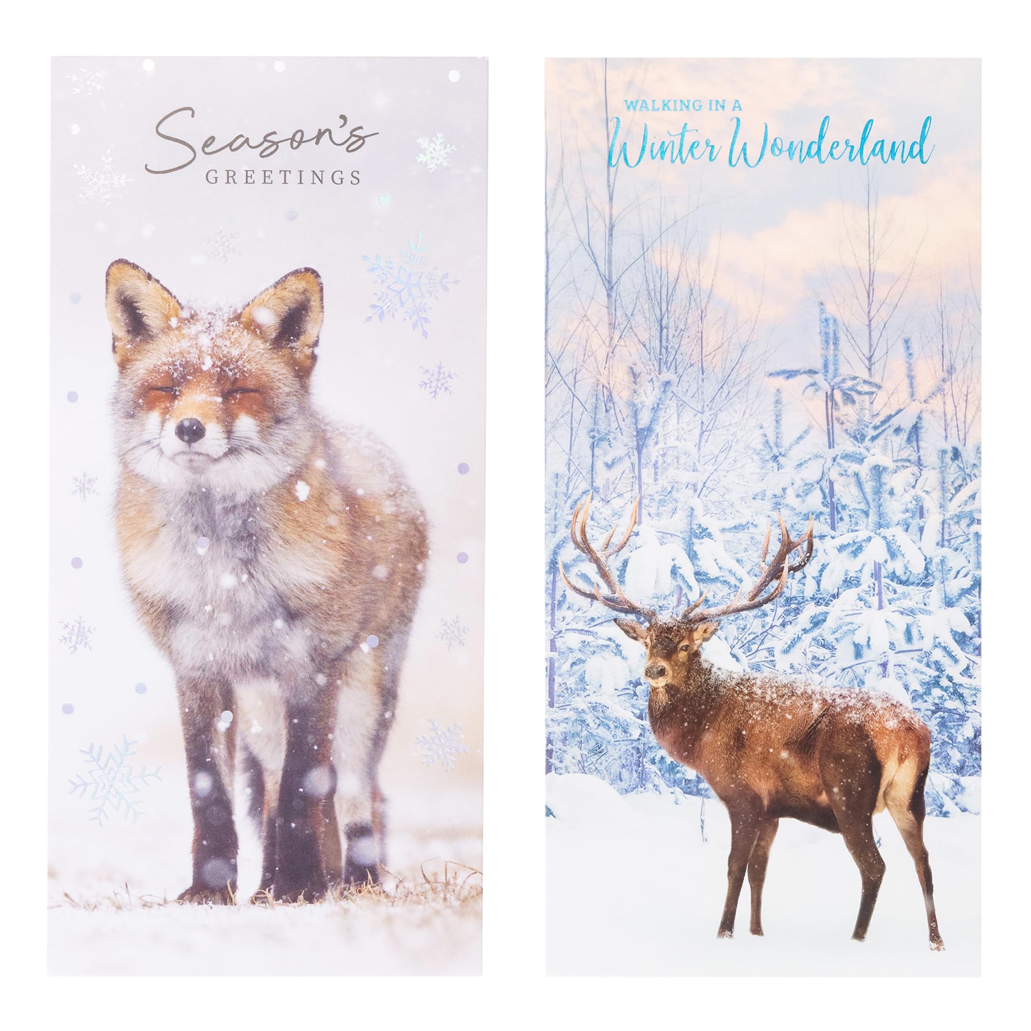 evelay Christmas Cards Pack 16 Slim Traditional Deer Fox Photo Xmas Card Set including White Envelopes Included (Deer, Fox)