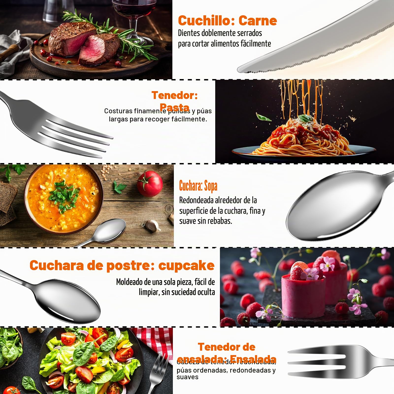 Cubiertos 40 piezas, Kit Cubiertos Individuales Acero Inoxidable para 8 personas, omprend cuchillos/tenedores/cucharas, lavable en lavavajillas, fácil de limpiar