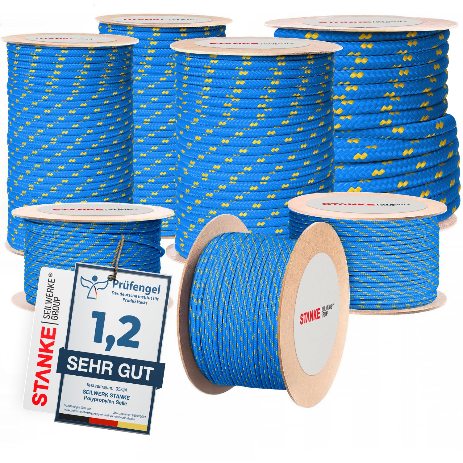 Seilwerk STANKE Corde polypropylène Bleue avec Fils marqueurs Jaunes 6mm 200 m - Ficelle agricole, pour Plants de tomates - Corde tressée pour Le Sport, la Survie, la Construction