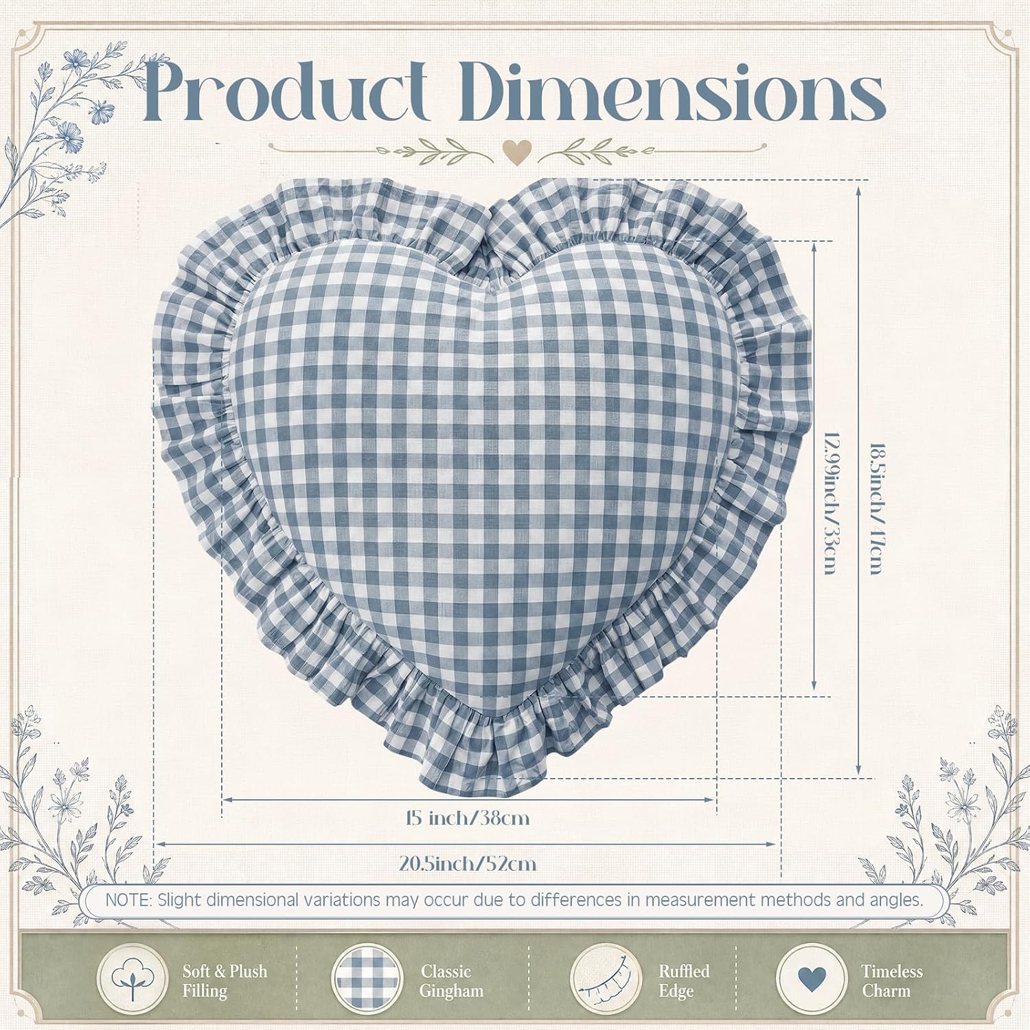 Xuhal Ruffle Gingham Pillow Heart Shaped Pillow 20.5" x 18.5" Dusty Blue Plaid Ruffle Decorative Cushion, 100% Cotton Farmhouse Decor Scalloped Cushion for Vintage Bedroom, Living Room, Sofa & Bed