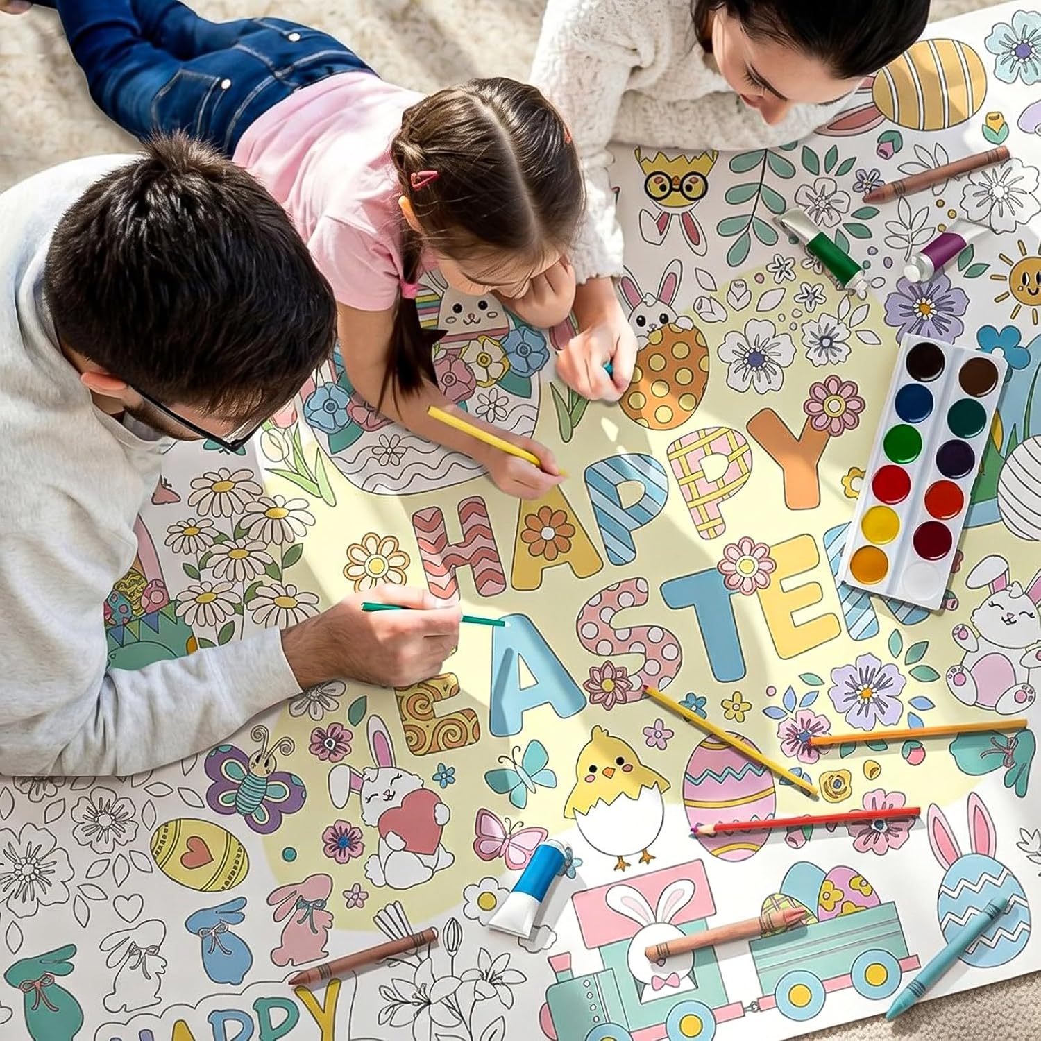 Affrolling Easter Giant Coloring Poster Tablecloth 31.5x72inch Large Spring Coloring Tablecloth Jumbo Happy Easter Color-in Banner Book Activities Craft Gift for Home Birthday Party Supplies Favor
