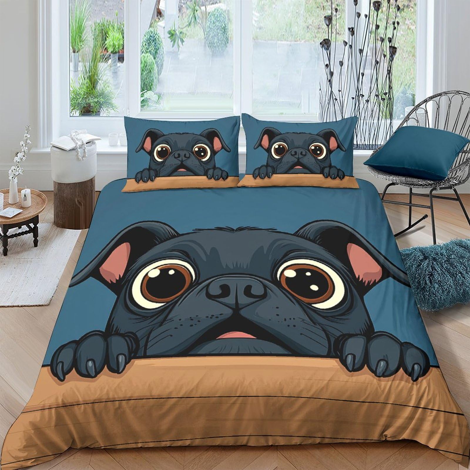 GPLZQXKJNH 3D Printed Cartoon Pug Duvet Cover Microfiber Soft Breathable Cute Dog Bedding Set with 2 Pillowcases for Bedroom Decor Single（135x200cm）