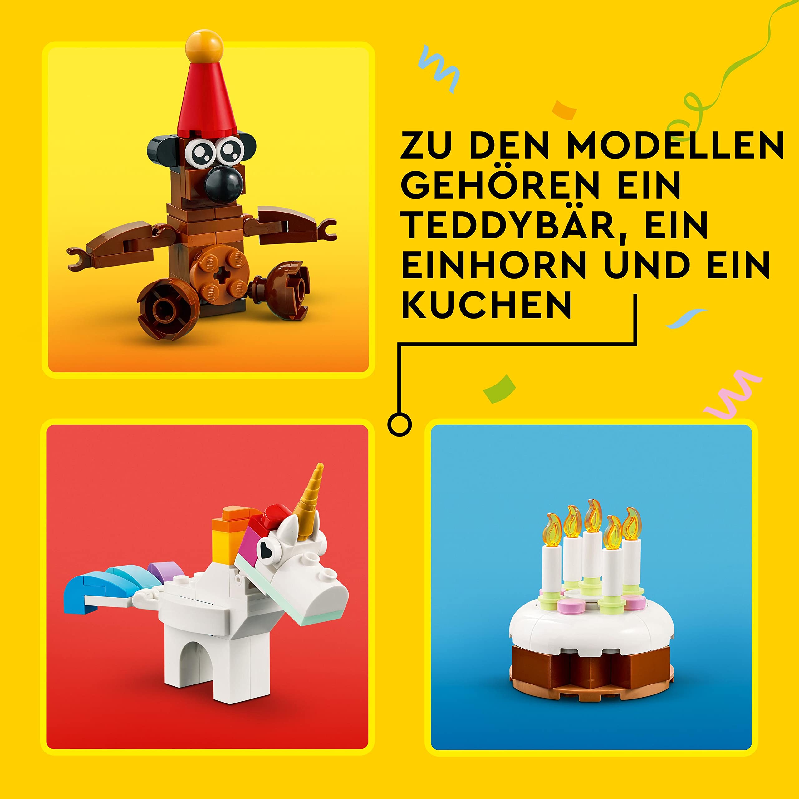 LEGO 11029 Classic Party Kreativ-Bauset Bausteine-Box, Familienspiele zum gemeinsamen Spielen, enthält 12 Mini-Bausteine: Teddybär, Clown, Einhorn, Spaß für alle ab 5 Jahren