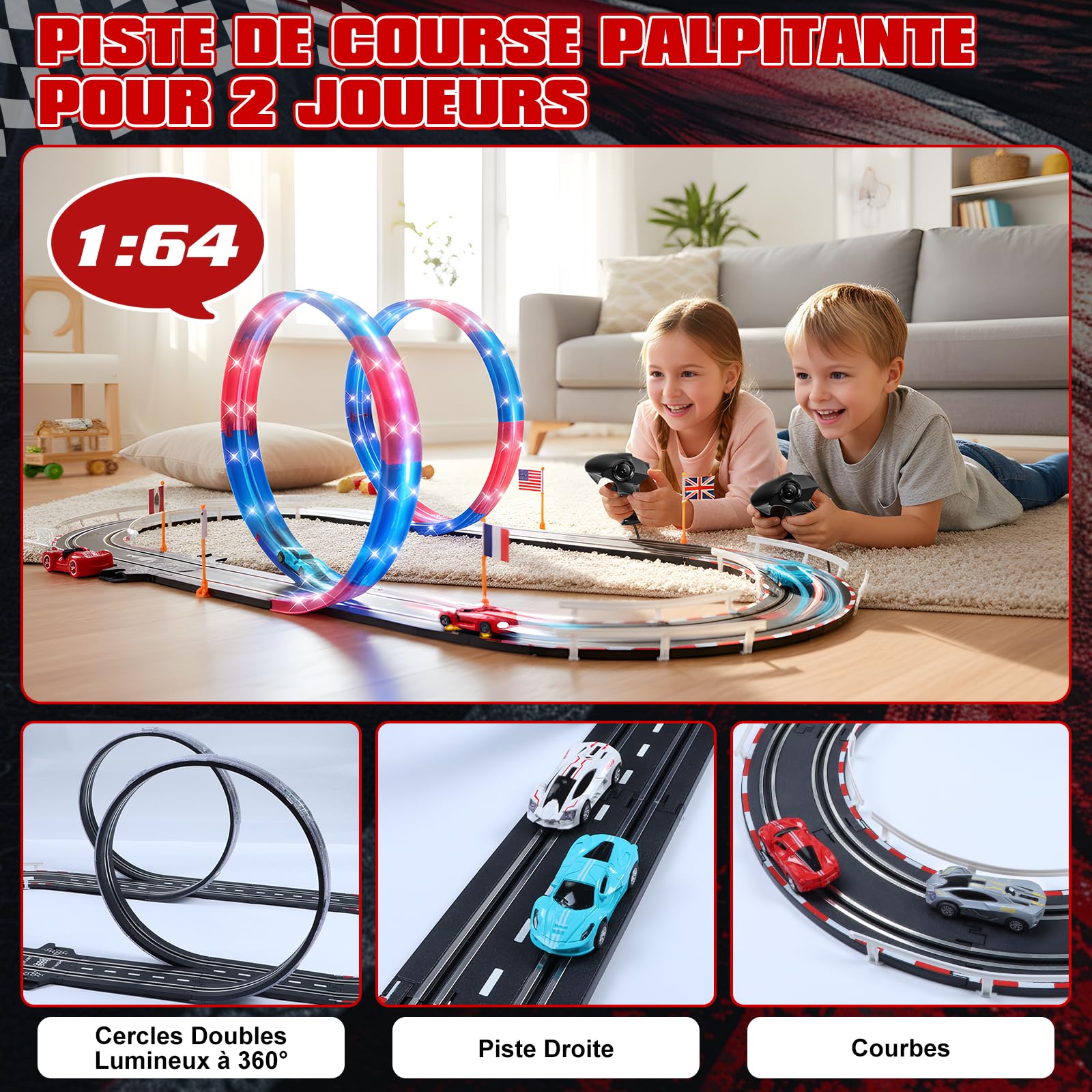 Circuit Voiture Electrique, Lumineuse Circuit Voiture Enfant 1:64 Piste De Course - 4 LED Voitures, 360° Cercle, Prise, Compteur de Tours, Piste Voiture Enfant 6-12 Ans Jouets Cadeau (S)