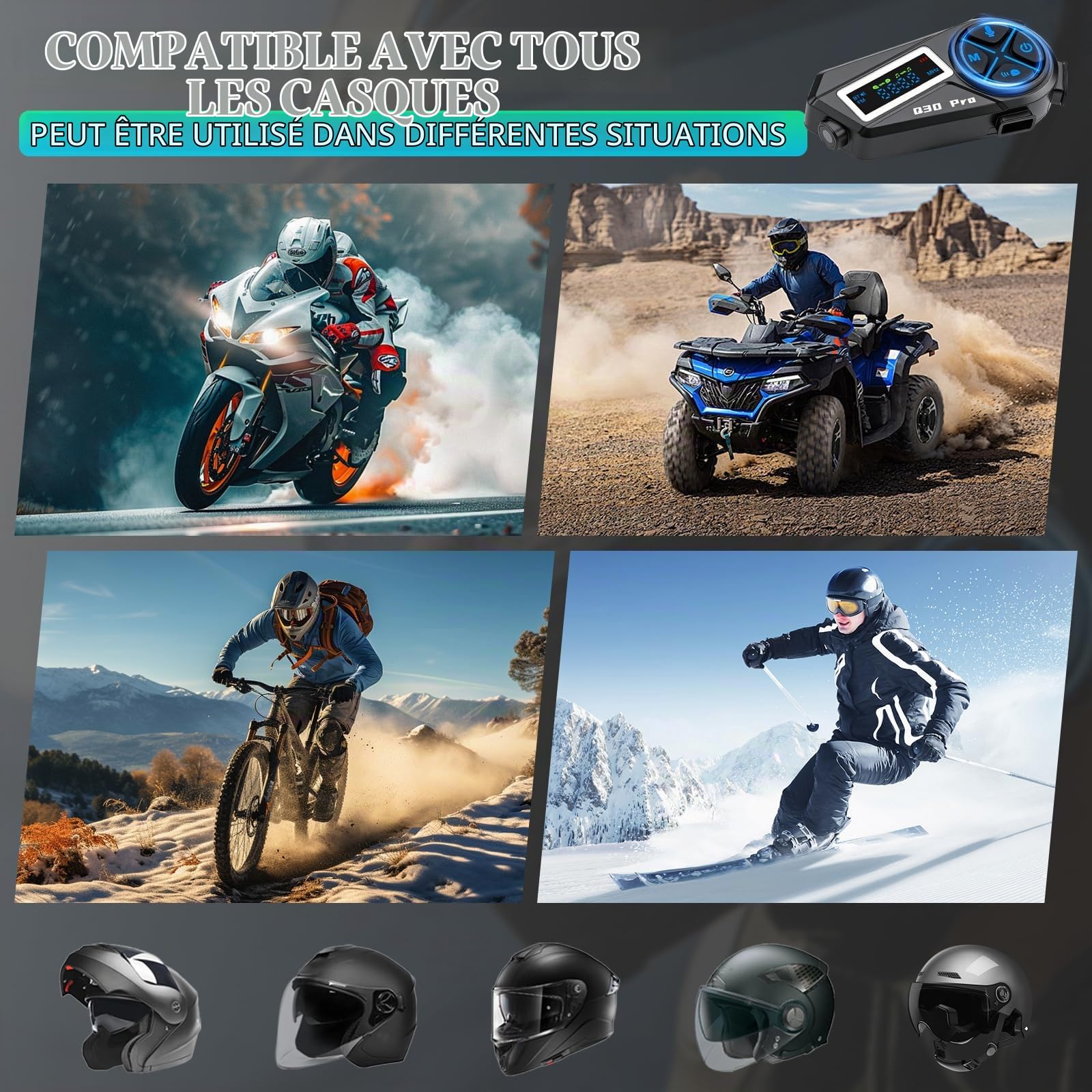 Casque Audio Bluetooth, Intercom pour Casque Moto Bluetooth 5.4 avec Stéréo Hi-FI & Radio FM, IP65 Étanche, Communication 500m, Autonomie 18h - Compatible Tous Les Casques (Moto, Ski)
