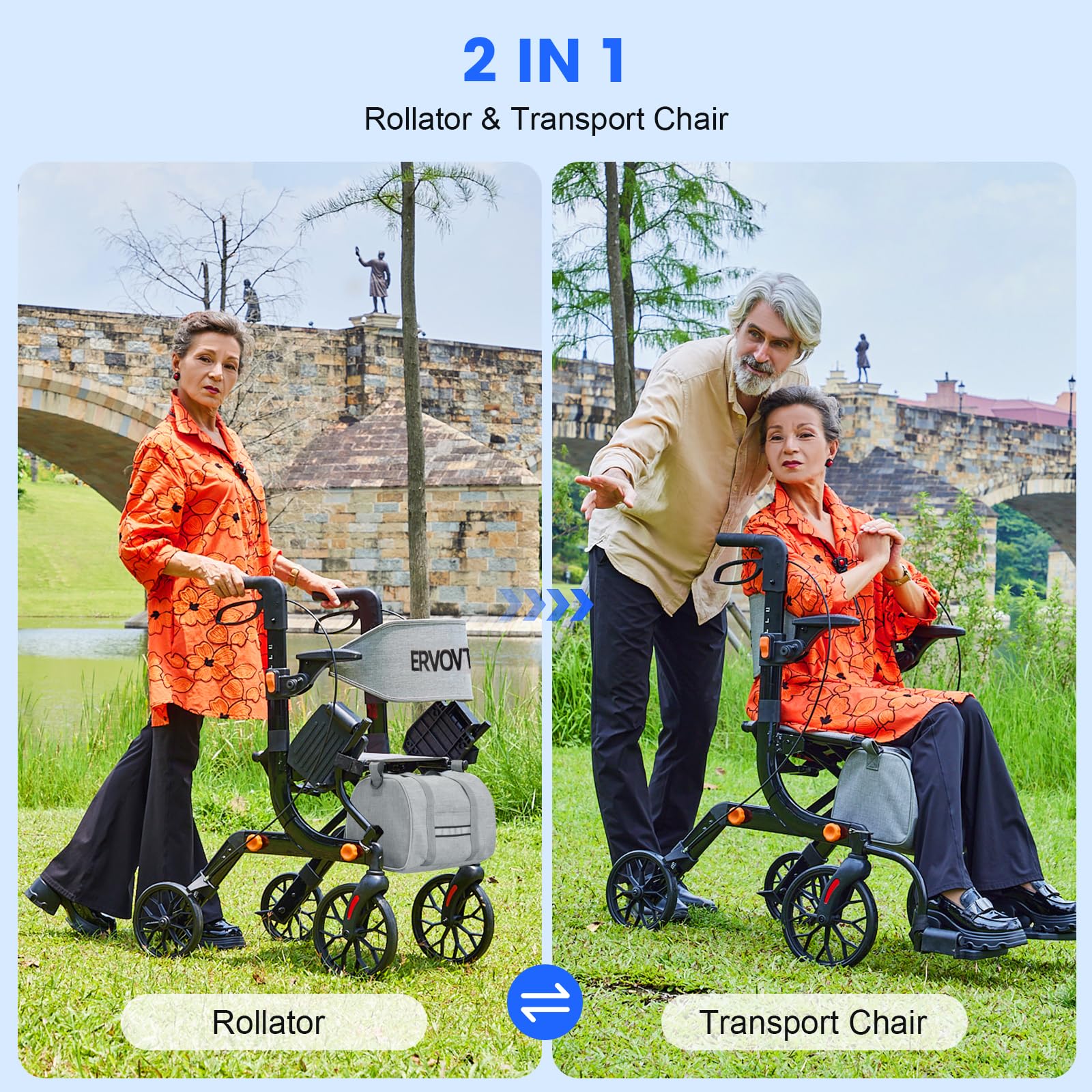 2-in-1 Rollstuhl-Rollator faltbar und leicht mit Sitz, klappbarer Rollstuhl für Senioren, Aluminium-Gehhilfe Transportstuhl, höhenverstellbar für Innen- und Außenbereich mit Bremsen