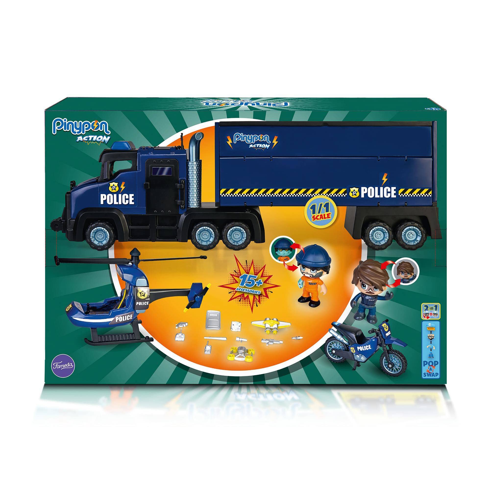 Pinypon Action - Super samochód policyjny, samochód zabawka z 3 w 1 światła, pojemnik i scena gry, 1 motocykl, 1 mini helikopter, 2 figurki, policja i więzień i akcesoria, Famosa (700017344)
