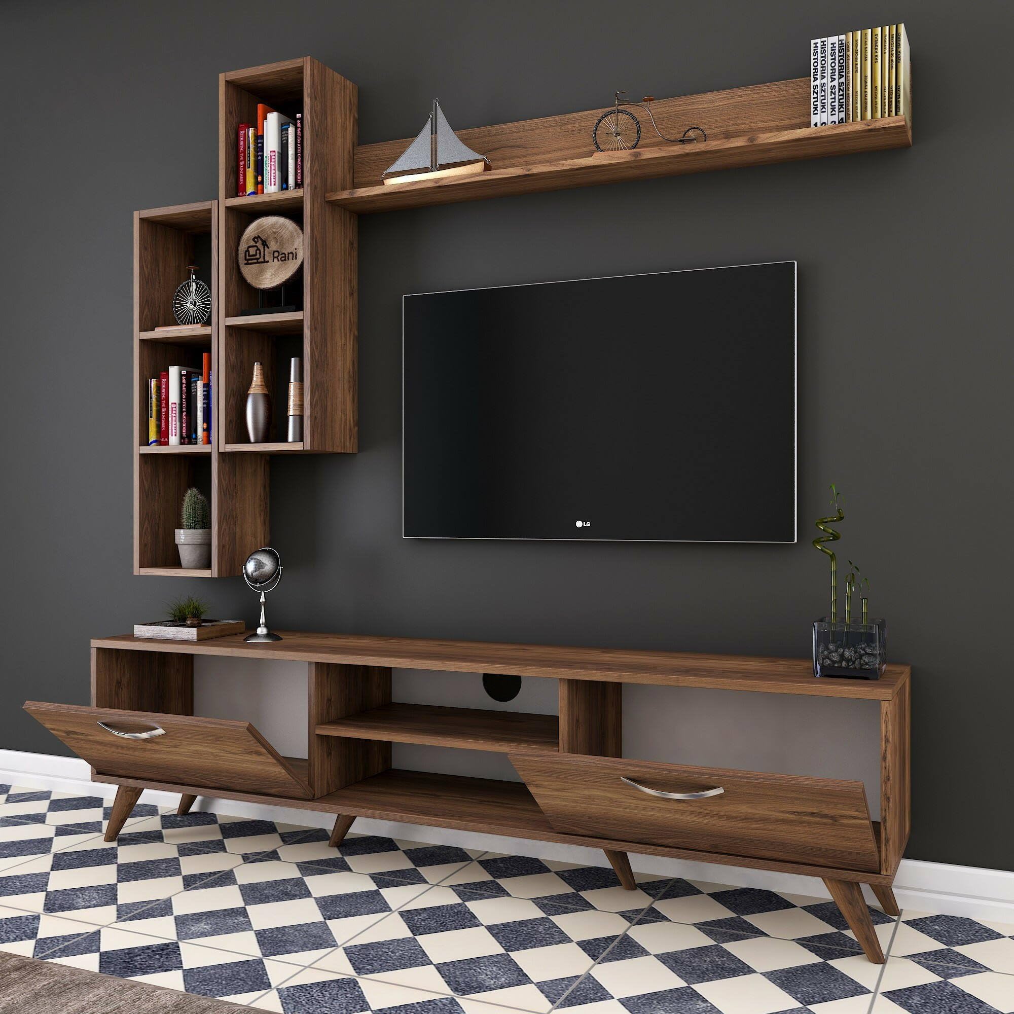 Dmora - Parete attrezzata Lokis, Composizione soggiorno, Mobile salotto multiuso, Armadio porta TV, 180x35 h49 cm, Noce