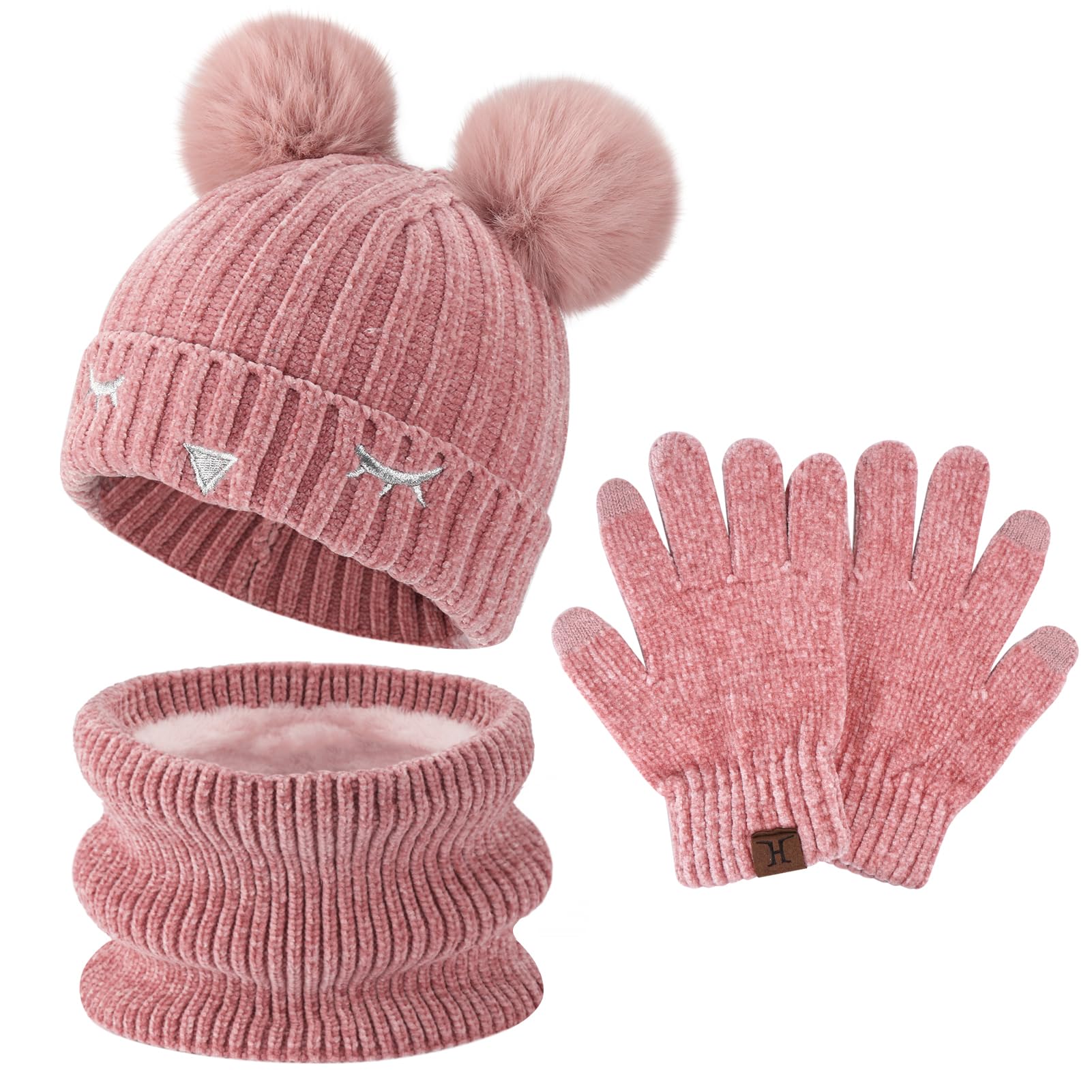Bambino Bambina Invernale Termico Cappello Berretto Beanie con Pompom Sciarpa Scaldacollo in Maglia Guanti Touch Screen Set per 3-10 Anni Bambini